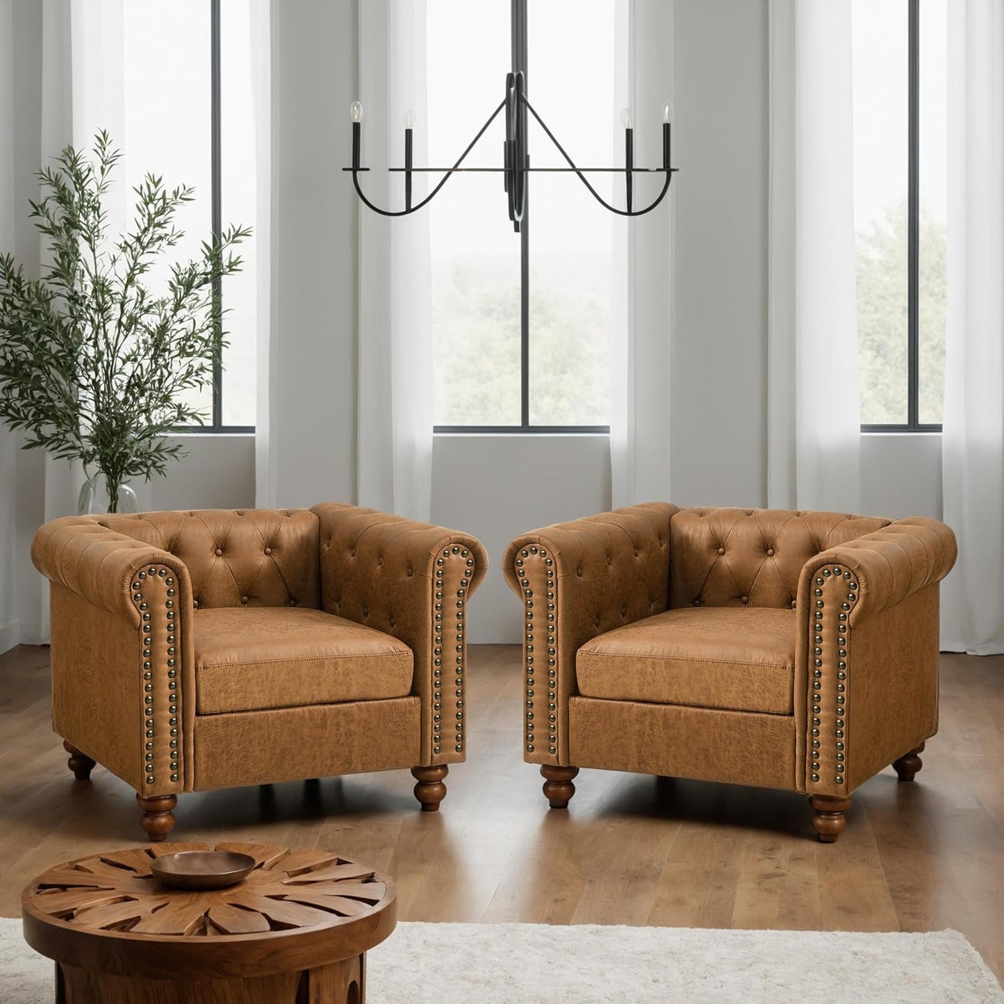 Rolled Arm Air Leather Club Chair Set of 2, 2-Piece Accent Chair Set for Living Room Small Apartment Office Décor