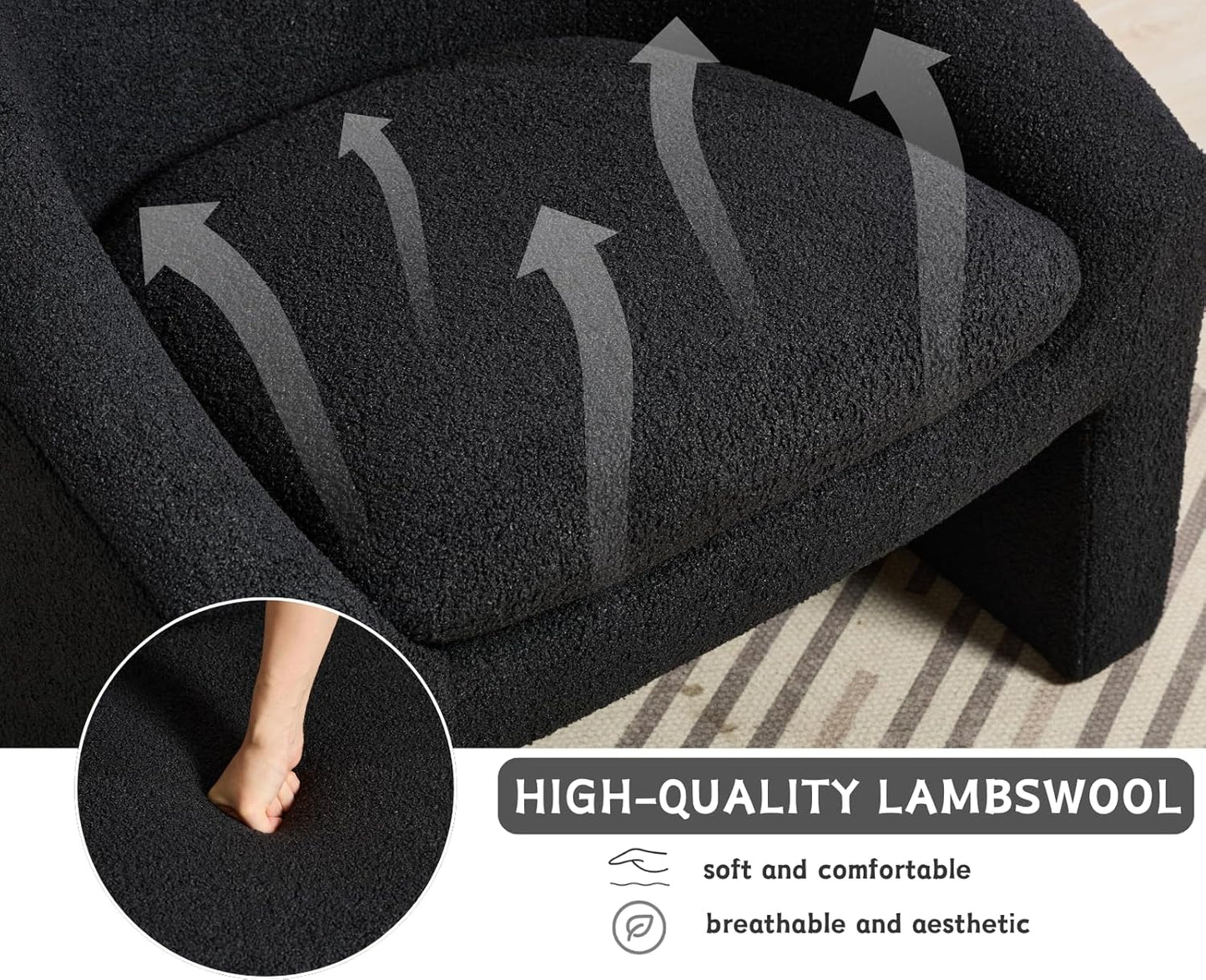 CIMOTA Barrel Black Accent Chair Sherpa Cozy Reading Armchair Modern Single Sofa Chair Upholstered Comfy Lounge Chair for Bedroom/Living Room/Indoor, Boucle