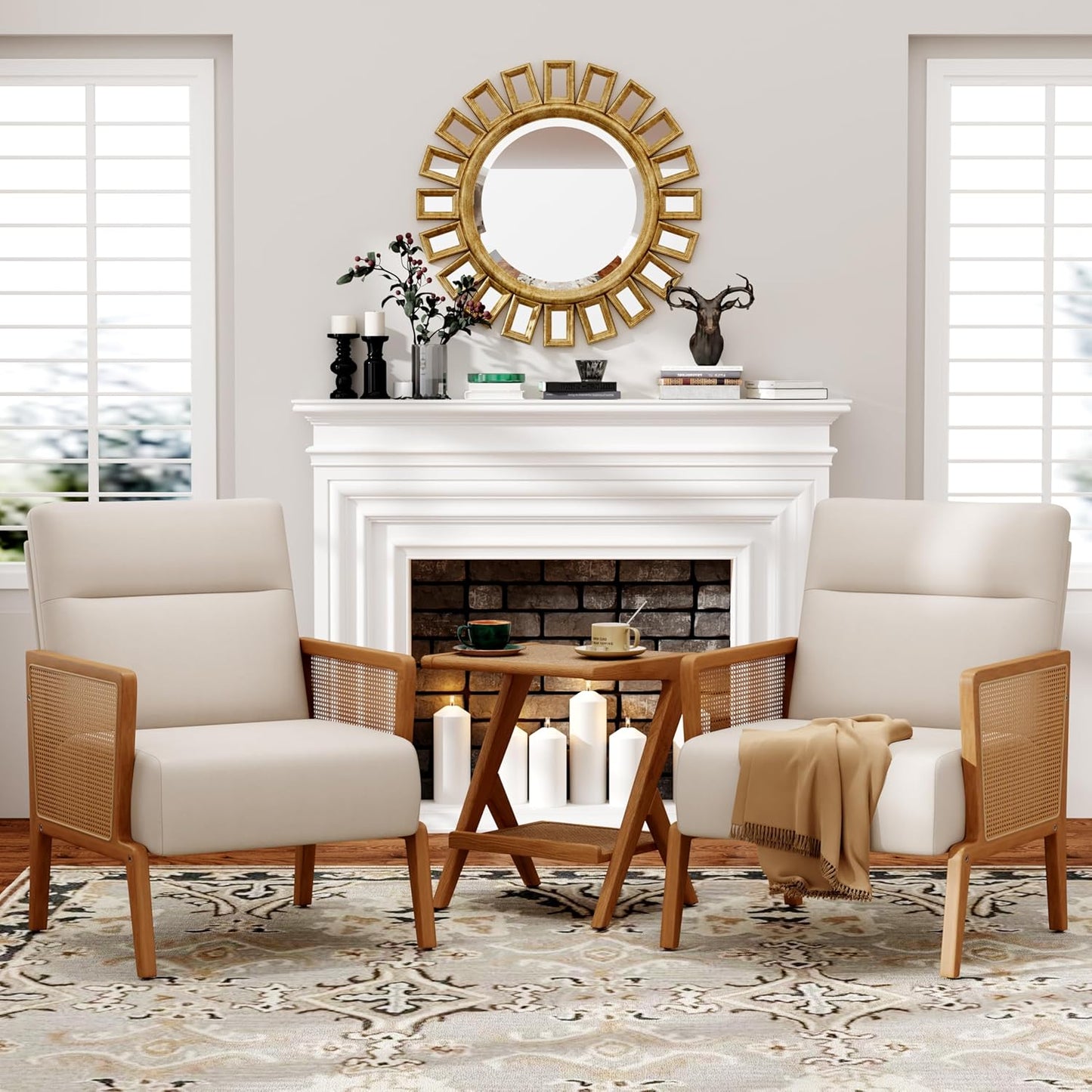 Yongchuang Beige Accent Chairs Set of 2 Upholstered Living Room Chairs with Natural Rattan Arm, Modern Faux Leather Arm Chairs for Bedroom Club Reception
