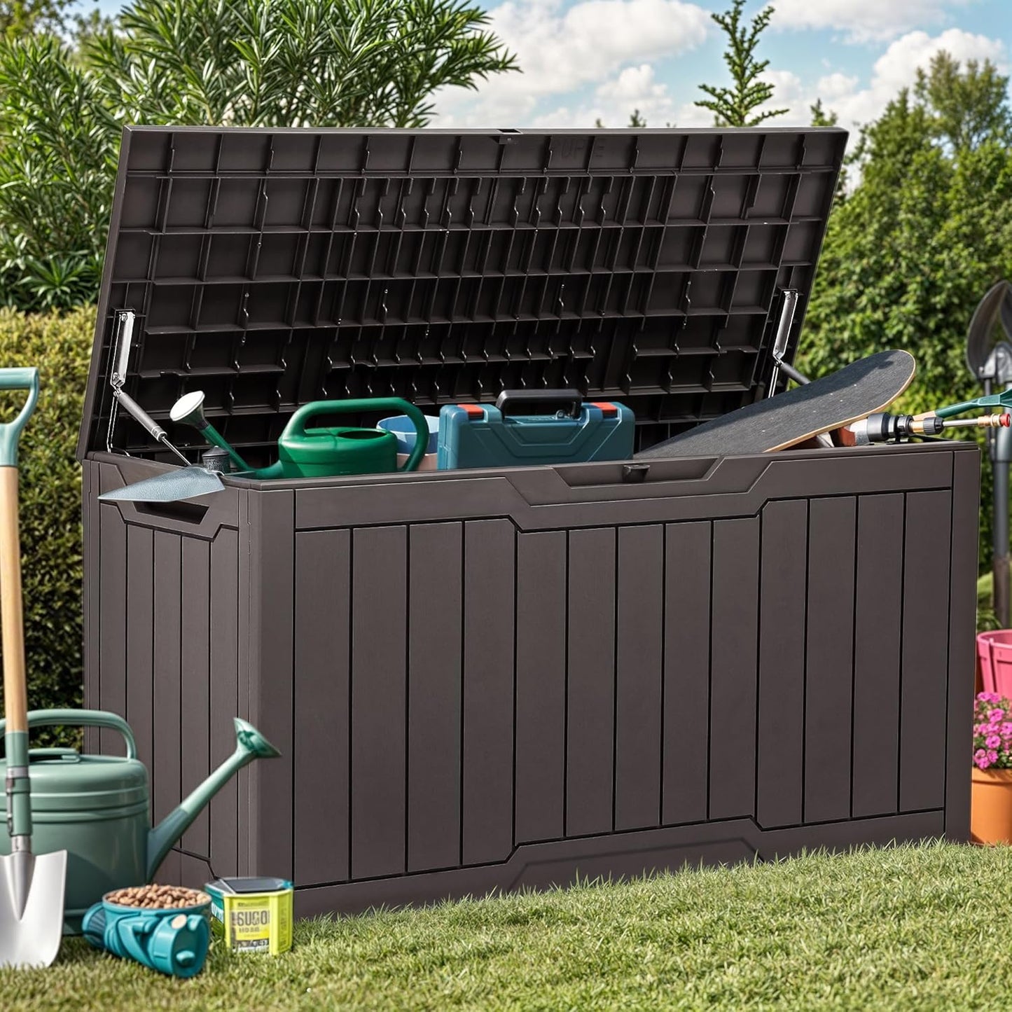 YITAHOME 120 Gallon Large Outdoor Storage Box with X-Shaped Front, Waterproof Resin Deck Box Cushion Storage Bench for Patio, Pool Supplies, Garden Tools - Lockable, Black
