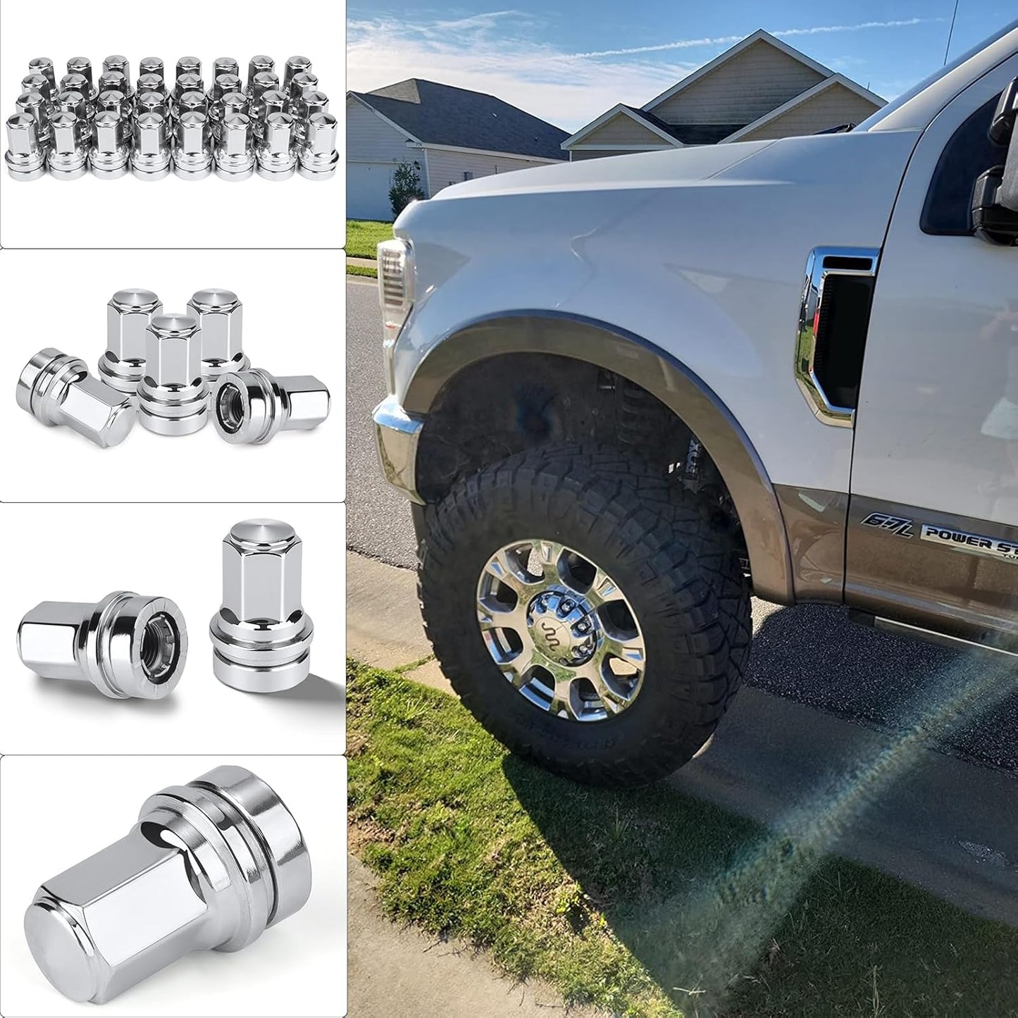 32 Pcs M14x1.5 One-Piece Design Chrome Lug Nuts for 2017-2025 Ford F250 F350 Super Duty HCPZ-1012-B HCPZ-1012-A (Chrome)