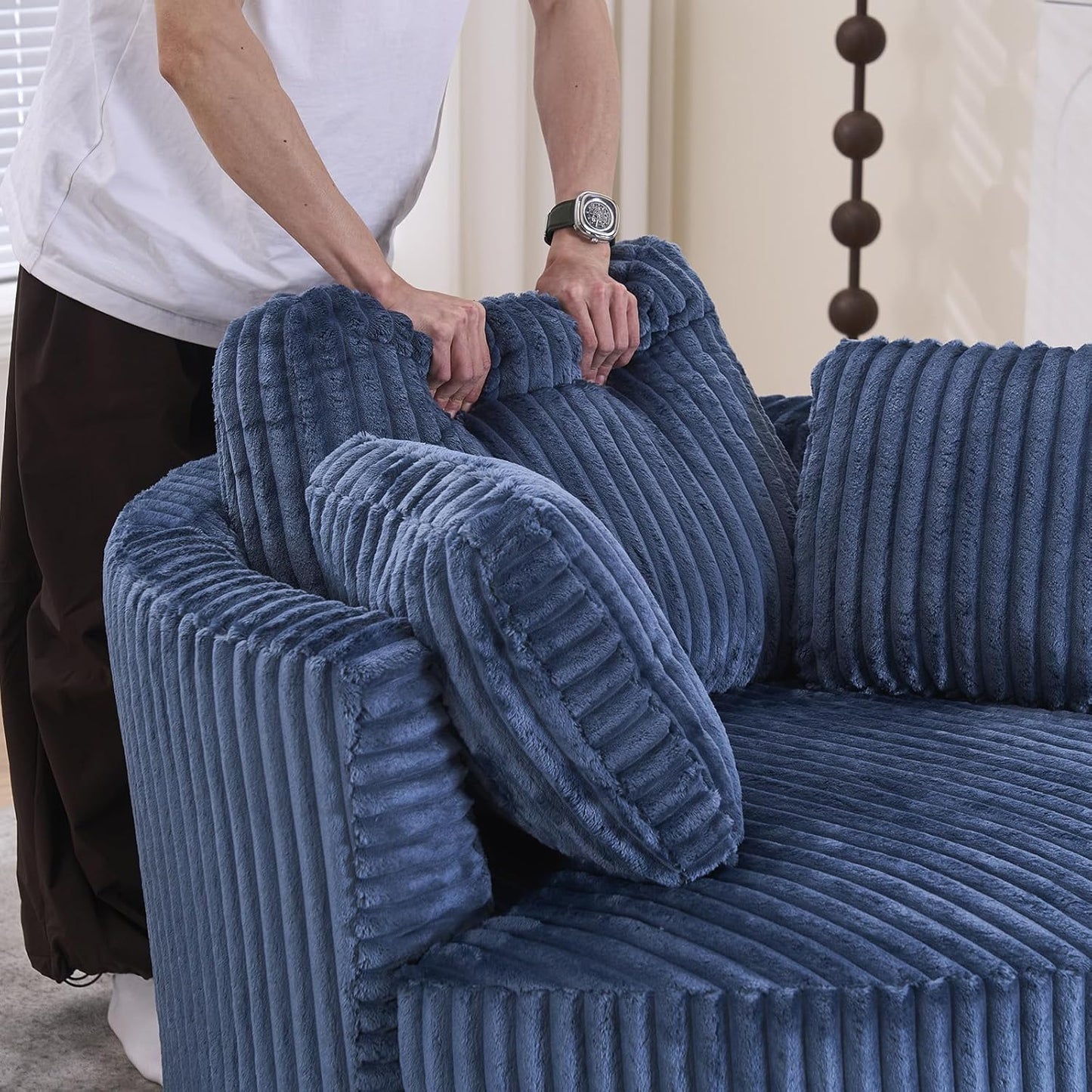 360-Degree Swivel Accent Chair Plush Corduroy & Foam-Filled Chaise Lounge Chair for Indoor Living Room & Bedroom, 40" Oversized Modern Design Round Barrel Chair, Comfortable Seating, Blue