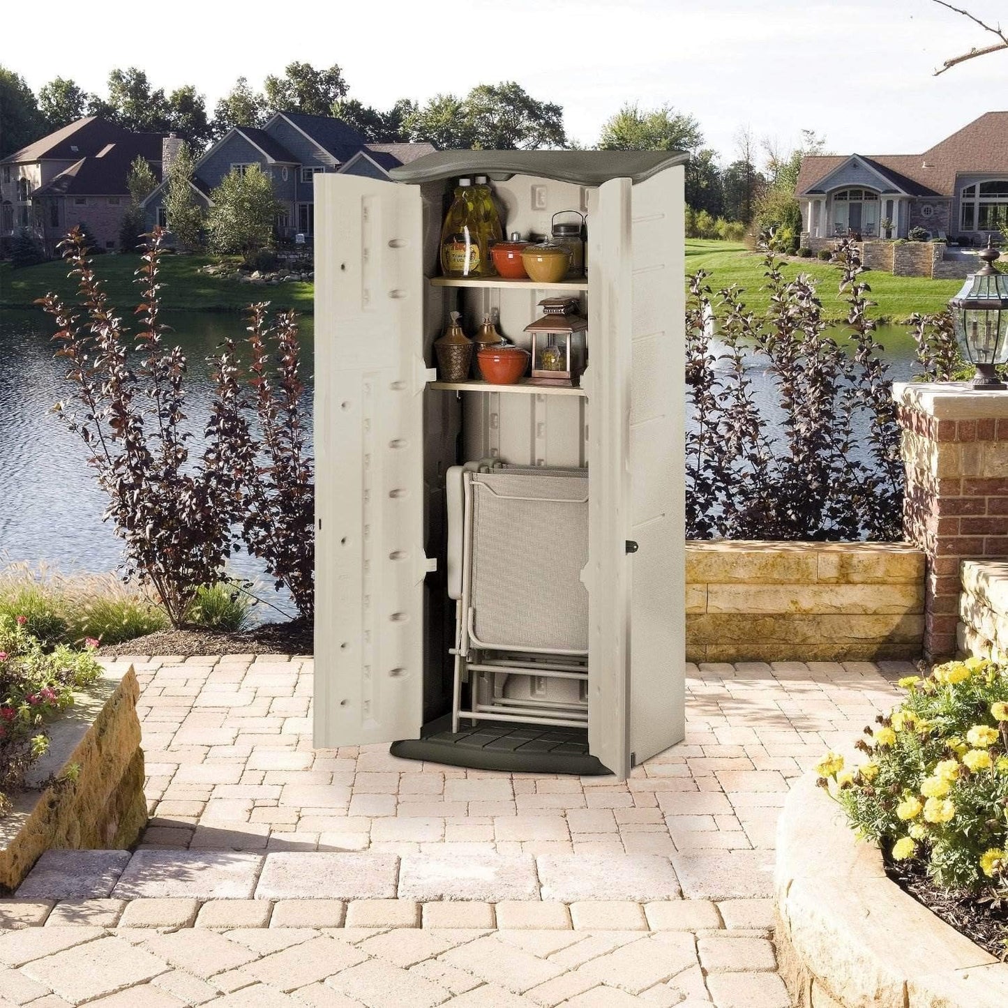 Rubbermaid Compact Vertical Resin Storage Shed With Floor (2 x 2.5 Ft), Weather Resistant, Beige/Brown, Organization for Home/Backyard/Garden Tools/Porch/Patio Cushions/Pool Chemicals/Toys