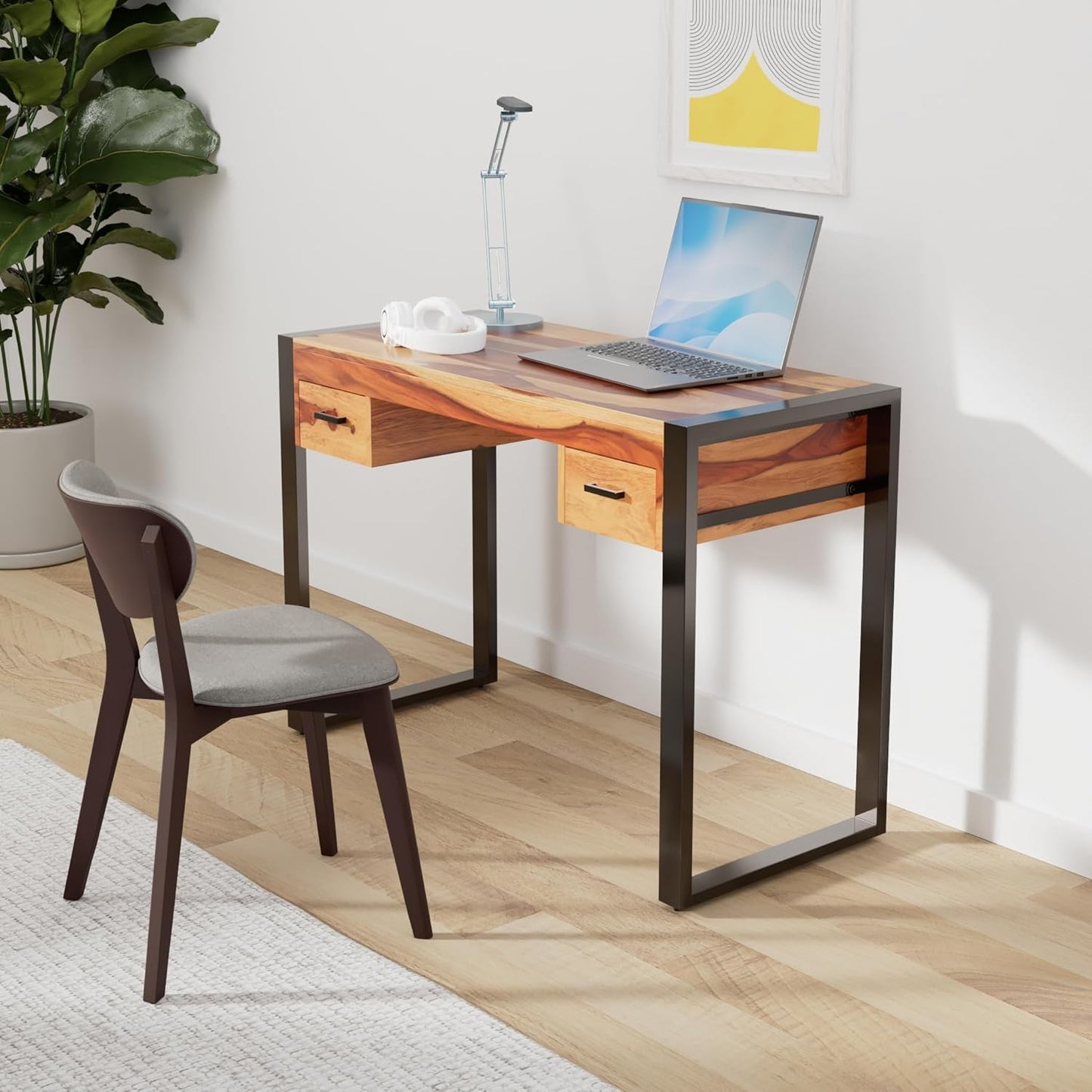 vidaXL Solid Wood Desk - Industrial Style Writing Desk with 2 Drawers, Durable Steel Frame, Multifunctional Home Office Furniture, 43.3"x19.7"x30.3"