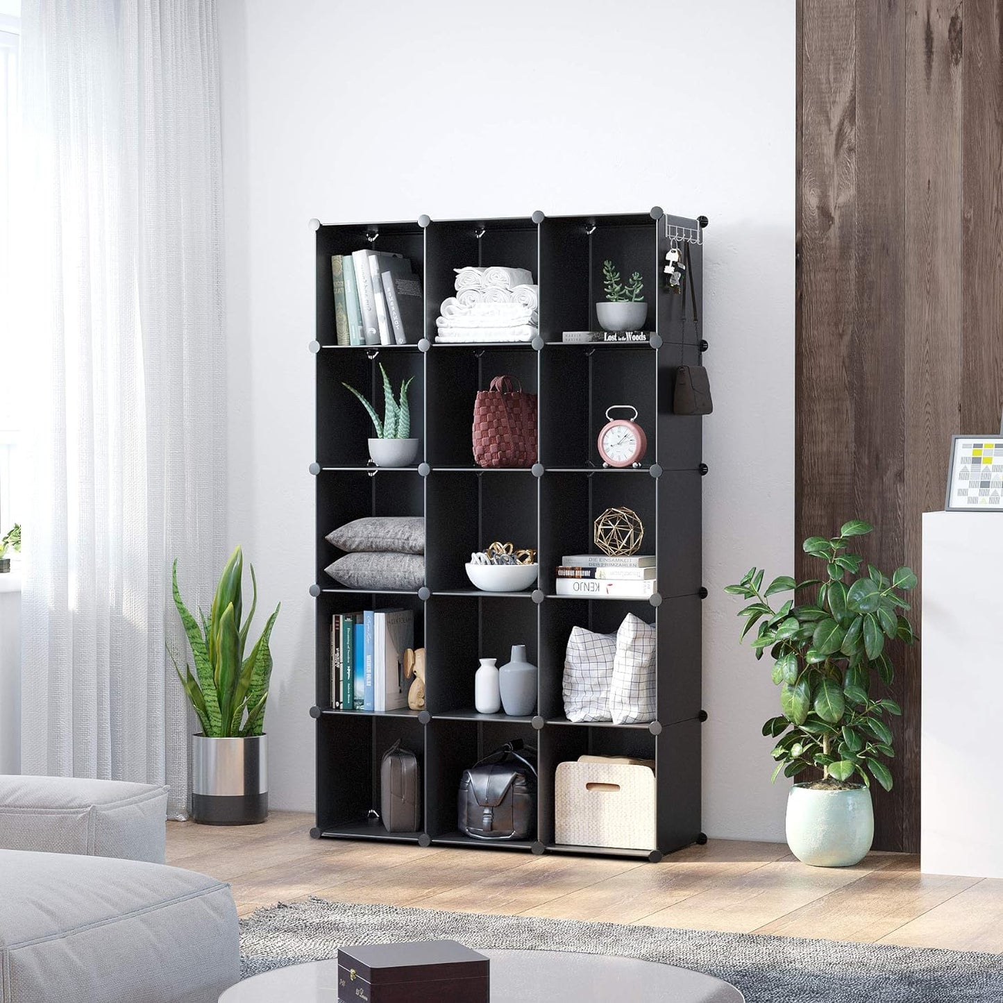 C&AHOME Cube Storage Organizer, 16-Cube Shelves Units, Plastic Storage Cubes, DIY Closet Organizer, Modular Closet Storage Shelves Ideal for Home, Bedroom, 48.4" L × 12.4" W × 48.4" H Black SUM3016H