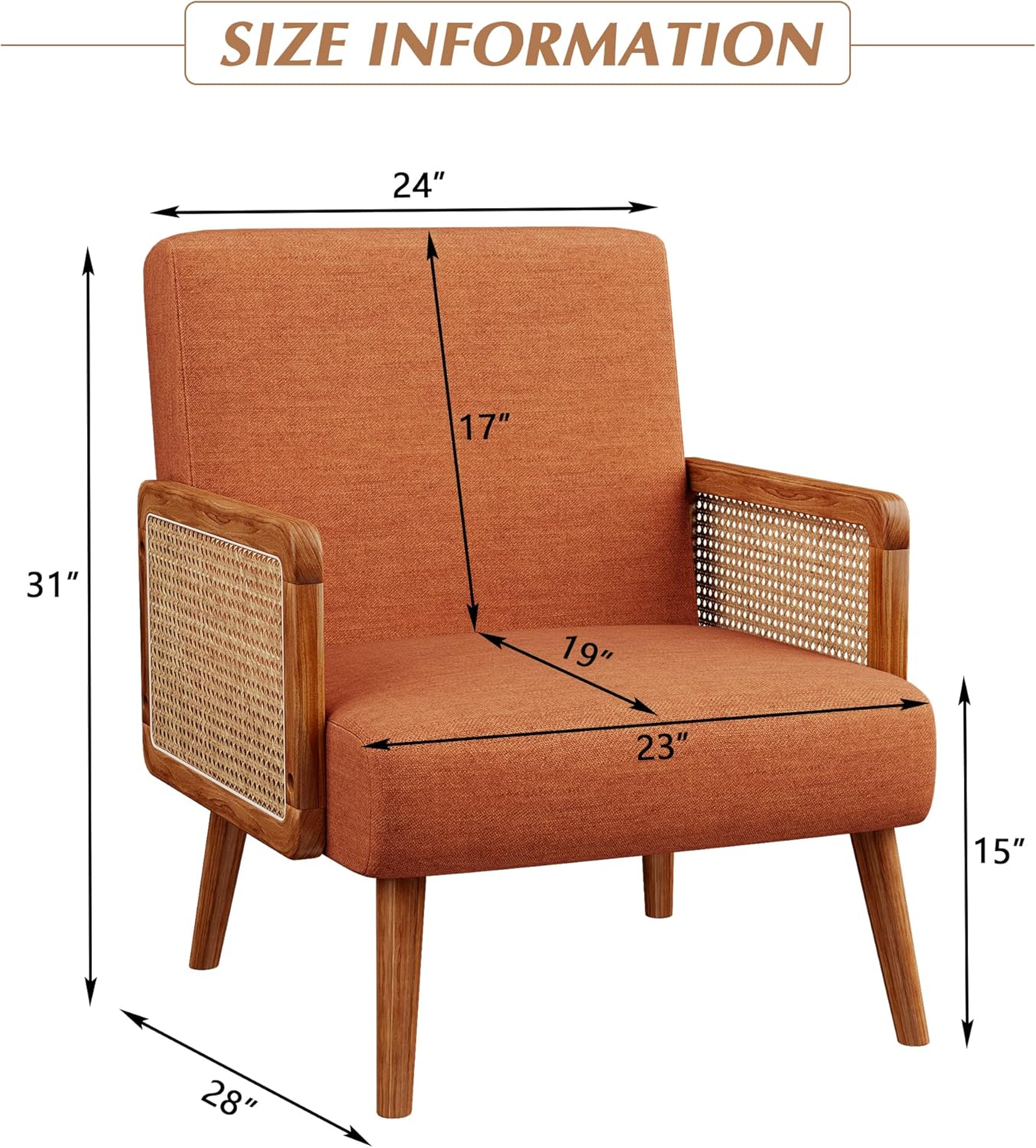 Yongqiang Orange Accent Chairs Set of 2, Natural Rattan Upholstered Arm Chairs for Bedroom Living Room Side Chairs Linen Comfy Reading Chair