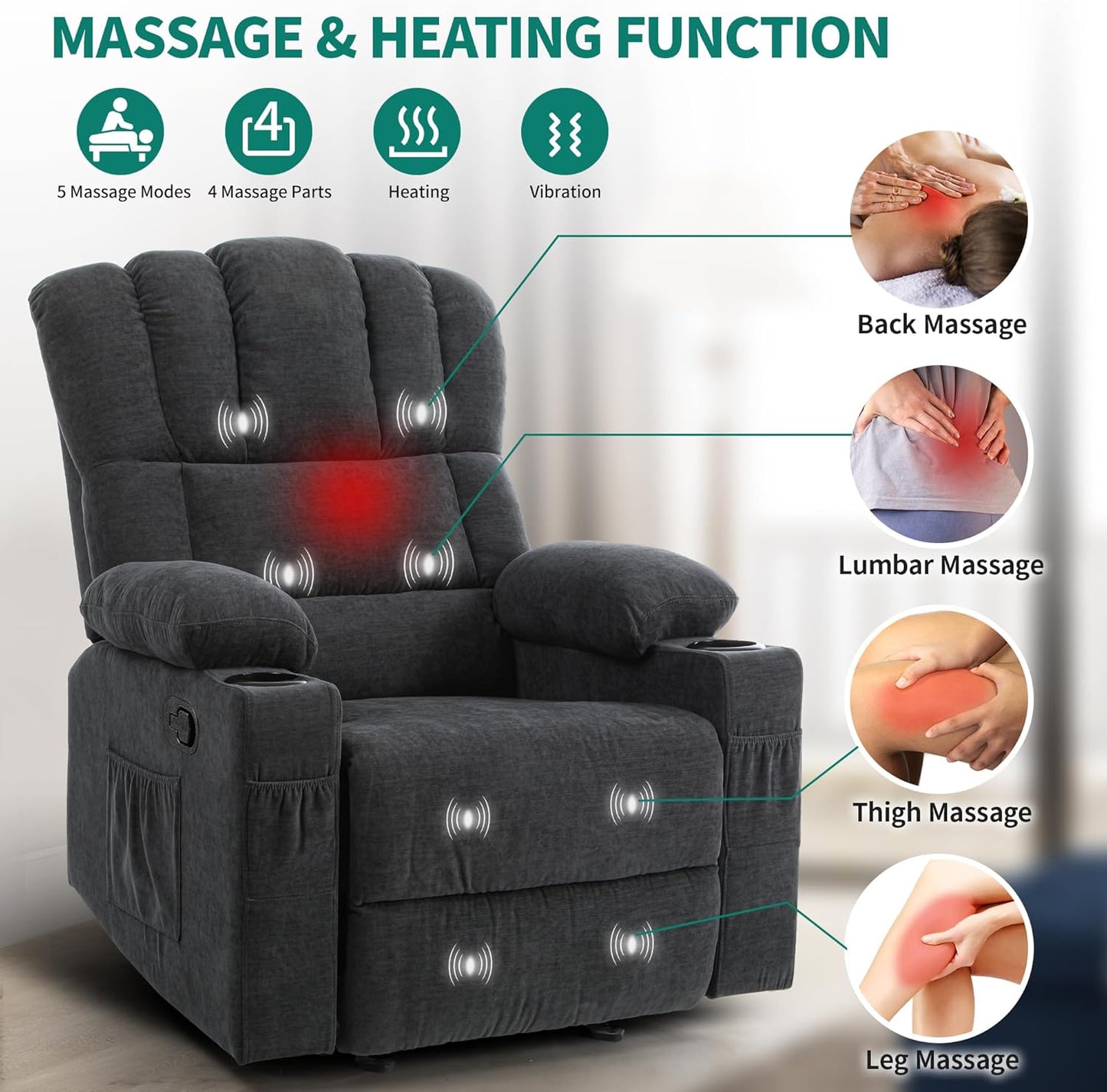 YITAHOME Glider Rocker Recliner Chair with Massage & Heat, 160° Manual Rocking Recliner Chair with USB Ports, Cup Holders & Side Pockets, Fabric Reclining for Elderly, Grey