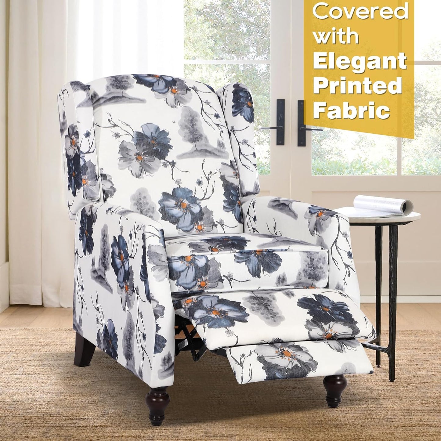 Set of 2 Wingback Recliner Chairs, Mid-Century Modern Push-Back Manual Recliners for Adults, Upholstered Floral Accent Chairs with Solid Wood Legs for Living Room & Bedroom, Blue