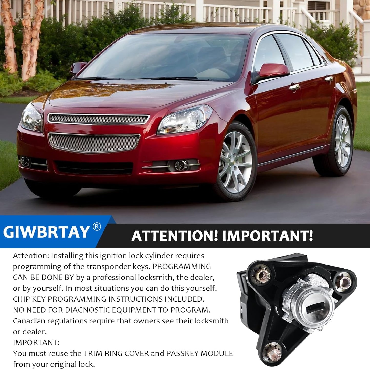 Compatible with Chevy Malibu 2004-2012, Pontiac G6 2005-2010, Saturn Aura 2007-2009 Ignition Switch Lock Cylinder Assembly with 2 Chip Keys with On-Board Programming 84663295