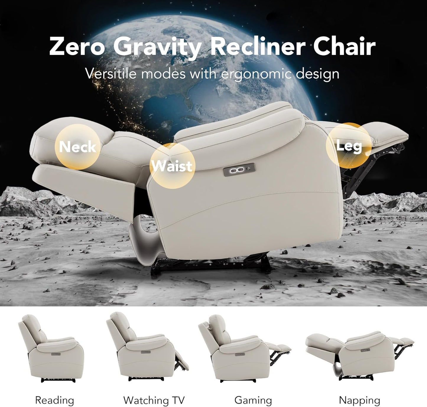CHITA Power Zero Gravity Recliner Chair, Genuine Leather Recliner Chair for Adults, Adjustable Reclining Sofa Lounge with Hidden Slide-Out Cupholders, USB and Type-C Ports, Creamy Grey