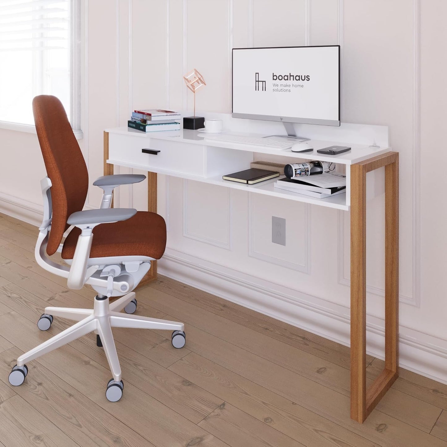 Boahaus Modern Computer Desk with USB Port & Storage - White/Brown - Space-Saving Home Office Desk