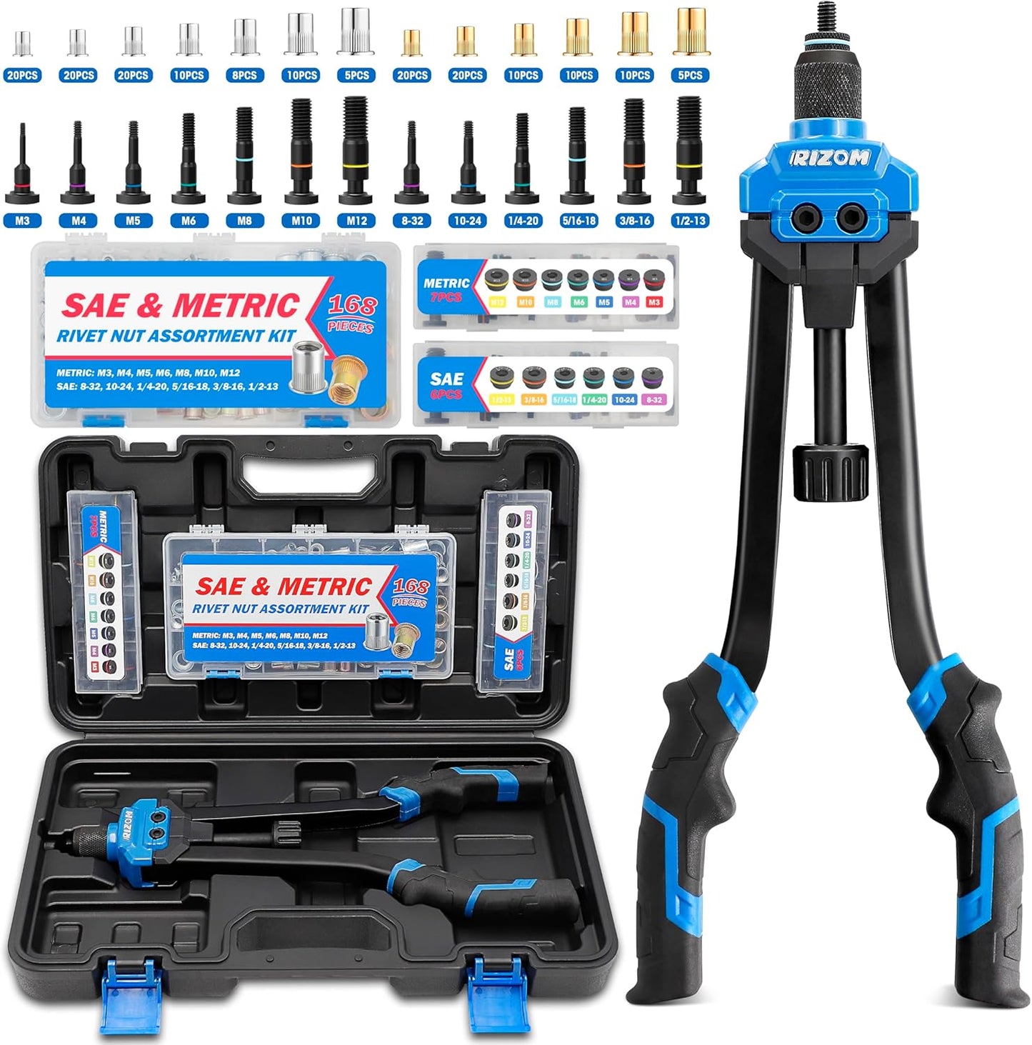 Rizom Rivet Nut Tool, 16” Rivnut Tool Kit with 13 Metric and SAE Mandrels, Threaded Nutsert Tool, 168PCS Rivet Nut Assortment Kit in Organized Carrying Case