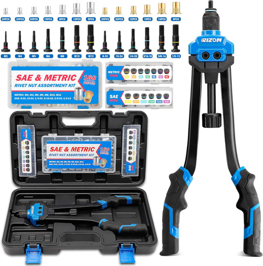 Rizom Rivet Nut Tool, 16” Rivnut Tool Kit with 13 Metric and SAE Mandrels, Threaded Nutsert Tool, 168PCS Rivet Nut Assortment Kit in Organized Carrying Case