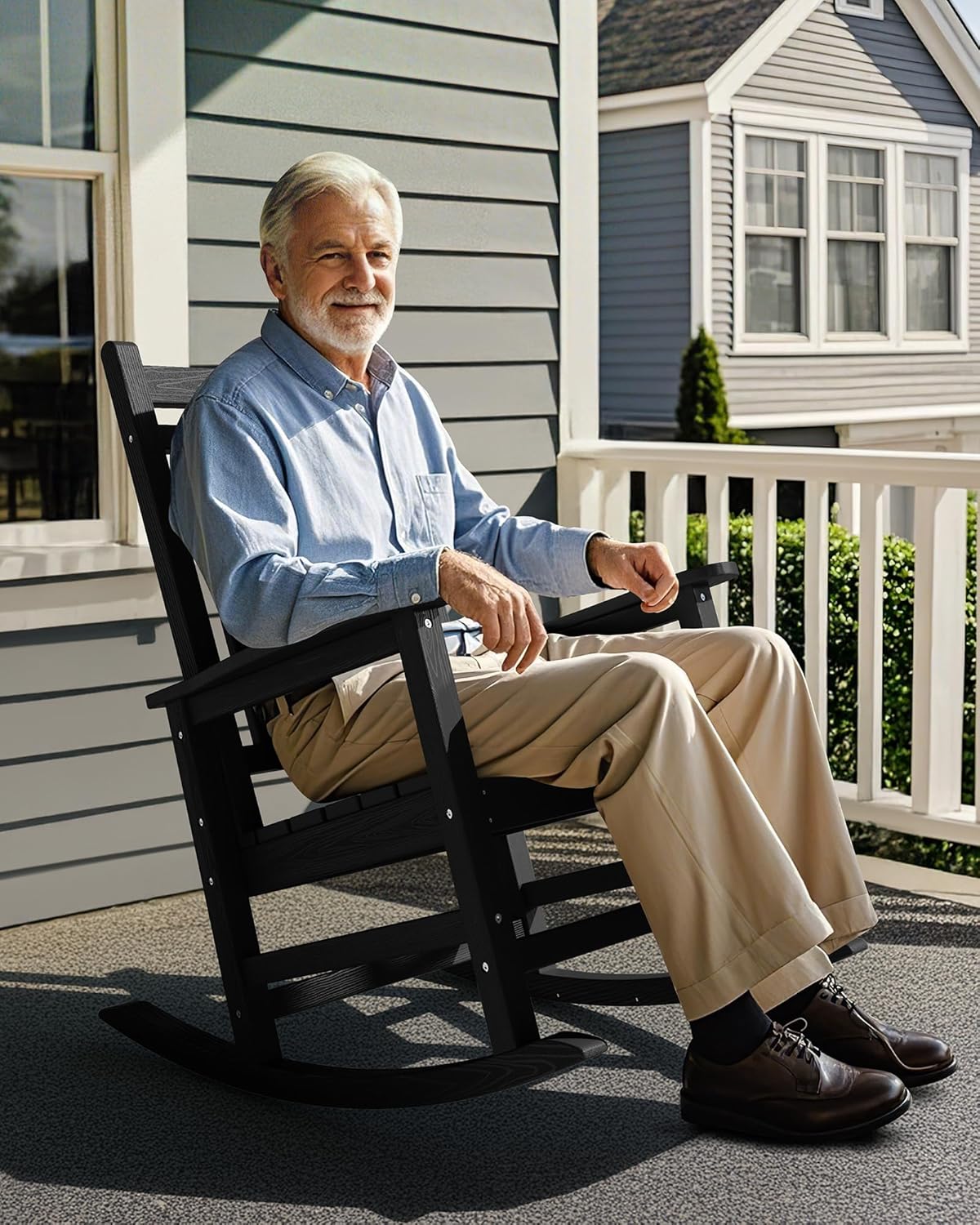 SERWALL Oversized Outdoor Rocking Chair Set of 4, HDPE Rocker for Adults, Patio Rocking Chairs for Porch, Black