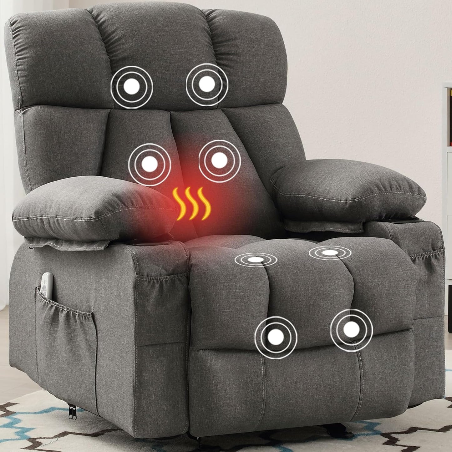 Rocker Massage Recliner Chair with Heat and Vibration Ergonomic Rocking Lounge Chair for Living Room Comfy Overstuffed Recliner with 4 Side Pockets,2 Cup Holders, USB Charge Port, Grey