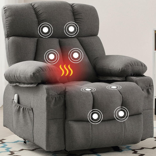 Rocker Massage Recliner Chair with Heat and Vibration Ergonomic Rocking Lounge Chair for Living Room Comfy Overstuffed Recliner with 4 Side Pockets,2 Cup Holders, USB Charge Port, Grey