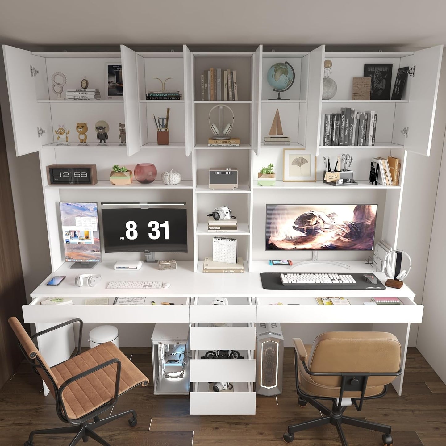 WOODTIME Large Two Person Computer Desk with Bookshelf, Study Writing Gaming Table Workstation with 6 Drawers & 15 Shelves for Home Office, White
