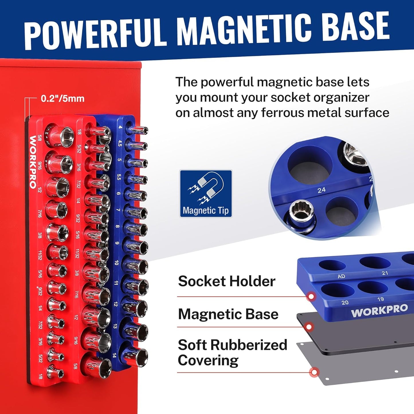 WORKPRO 8-Piece Magnetic Socket Organizer and Magnetic Wrench Organizer Set, Socket Holder Set 1/4", 3/8", 1/2" Drive Metric SAE Socket Storage, Metric SAE Wrench Holder(Socket, Wrench not Included)