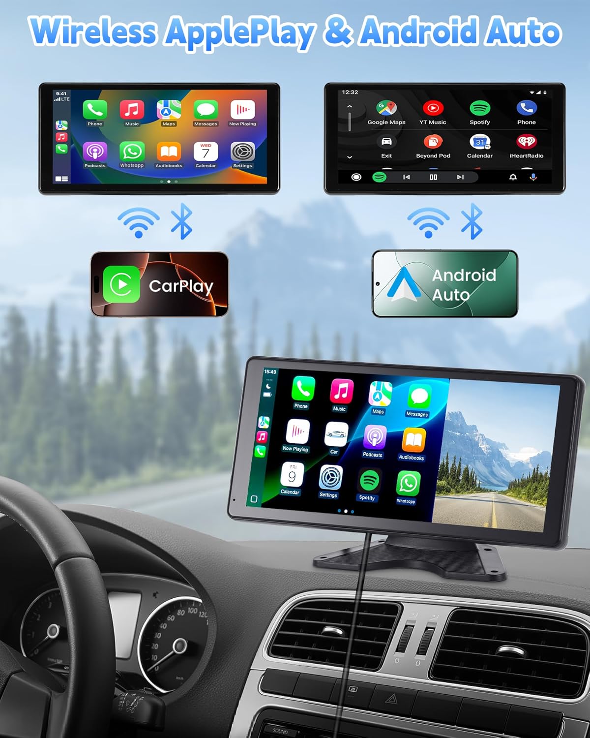 RV Camera System with CarPlay & Android Auto, 10.36'' Monitor with Blind Spot Detection/Parking Monitoring/Voice Control/DVR/Navigation, 4 1080P Backup Camera System for Semi Truck Trailer Camper