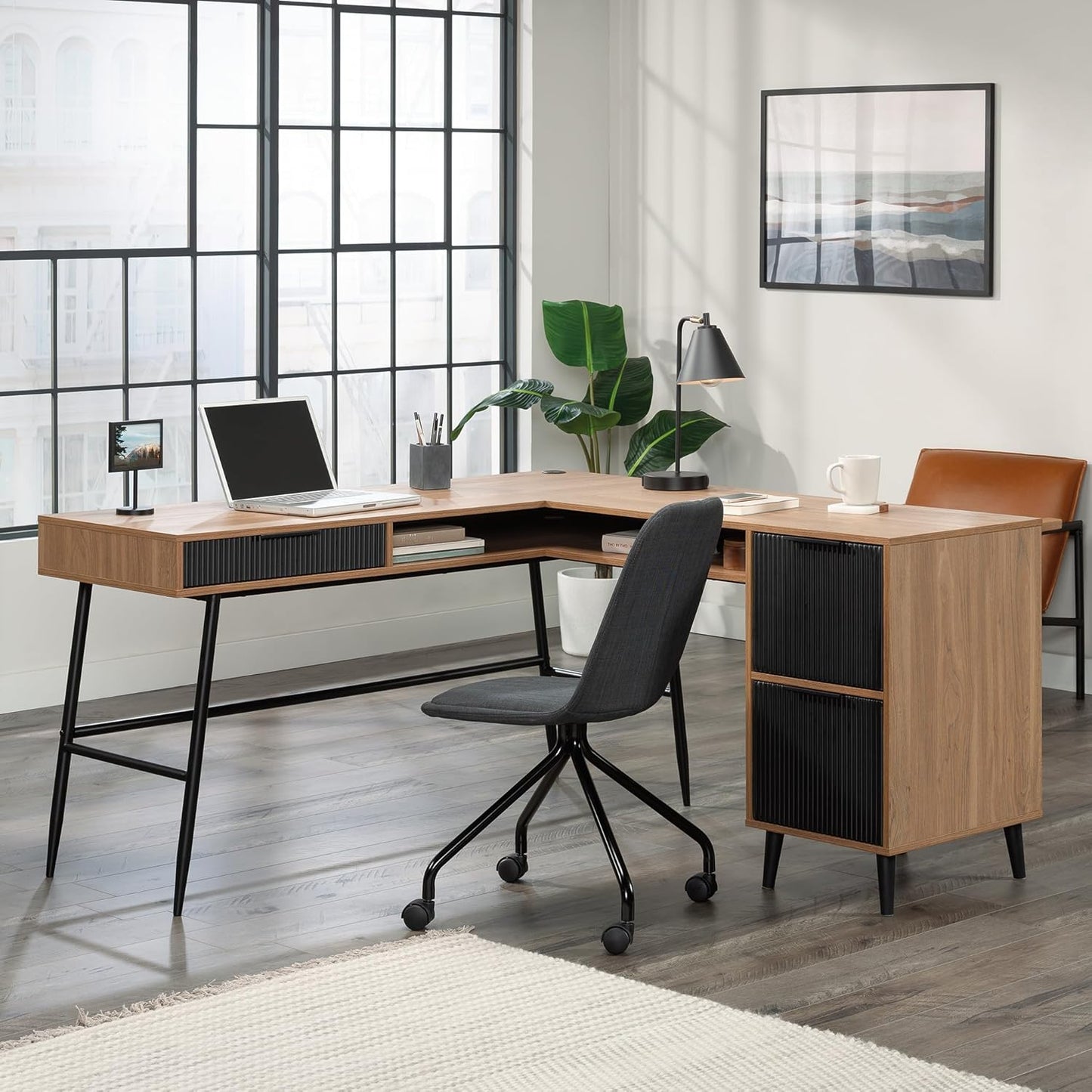 Sauder Ambleside Modern L-Shaped Desk, Serene Walnut Finish
