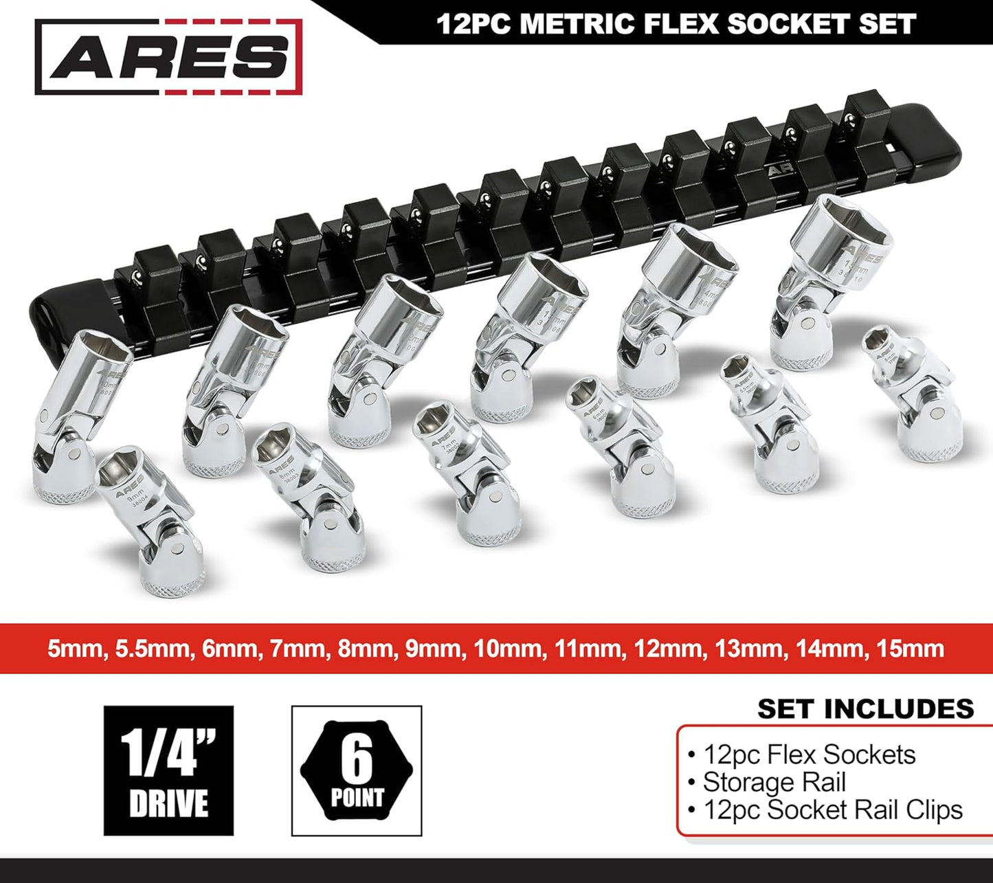 ARES 39009-12-Piece 1/4-Inch Drive Metric Flex Socket Set - 6 Point Sockets Constructed From Premium Heat Treated Chrome Vanadium Steel - Storage Rail Included
