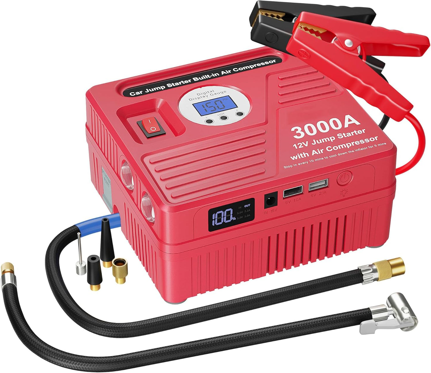 3000Amp Car Jump Starter with Air Compressor, 150PSI Tire Inflator with Digital Screen Pressure Gauge, 24000mAh 12V Auto Battery Booster (9.0L Gas/ 8.5LDiesel Engine), 2 USB Port 2 Light