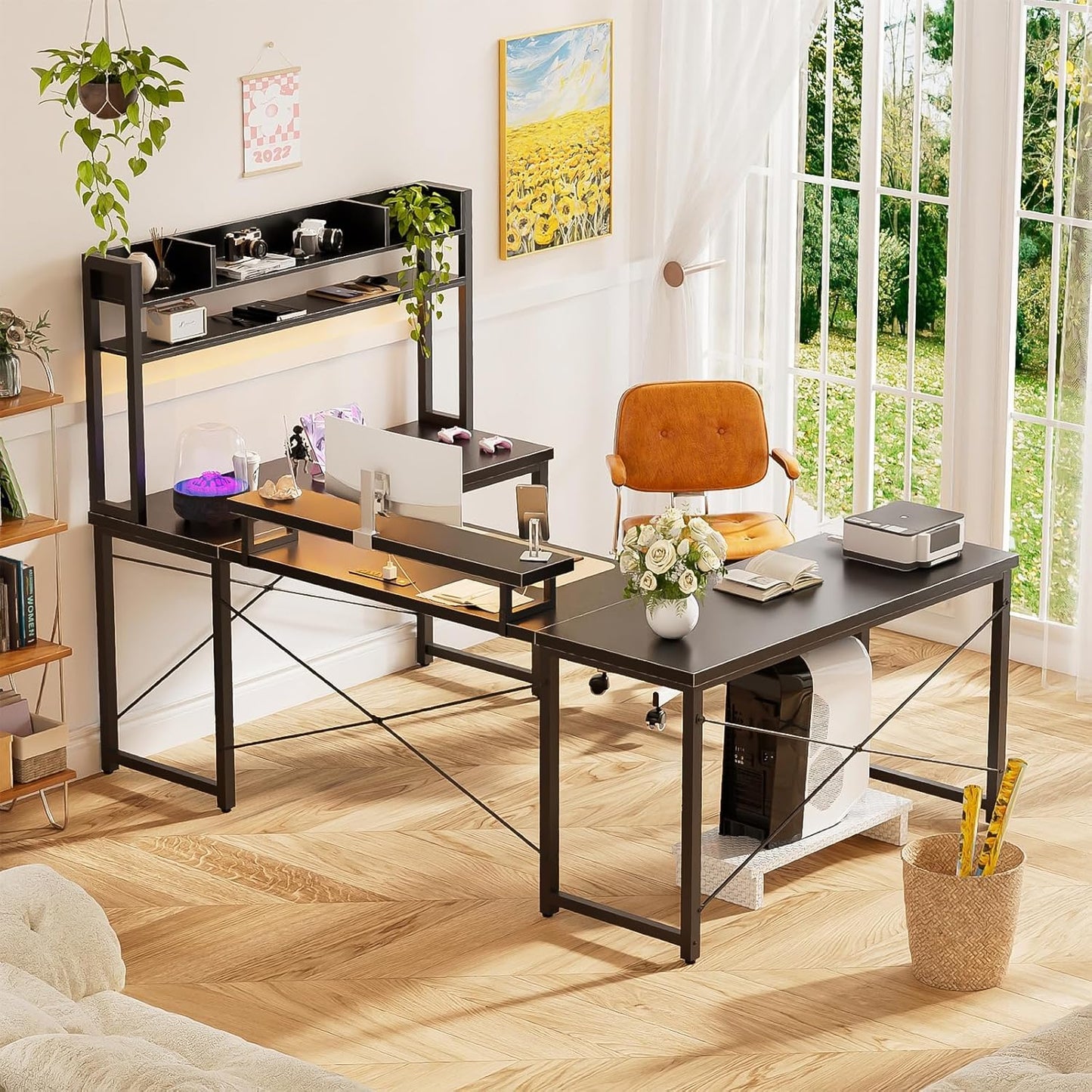 Unikito Large U Shaped Computer Desk with Hutch, Customizable Reversible L Shaped Office Desks with Power Outlets & LED Lights, Corner Gaming Table with Monitor Stand, 122” 2 Person Long Desk, Black