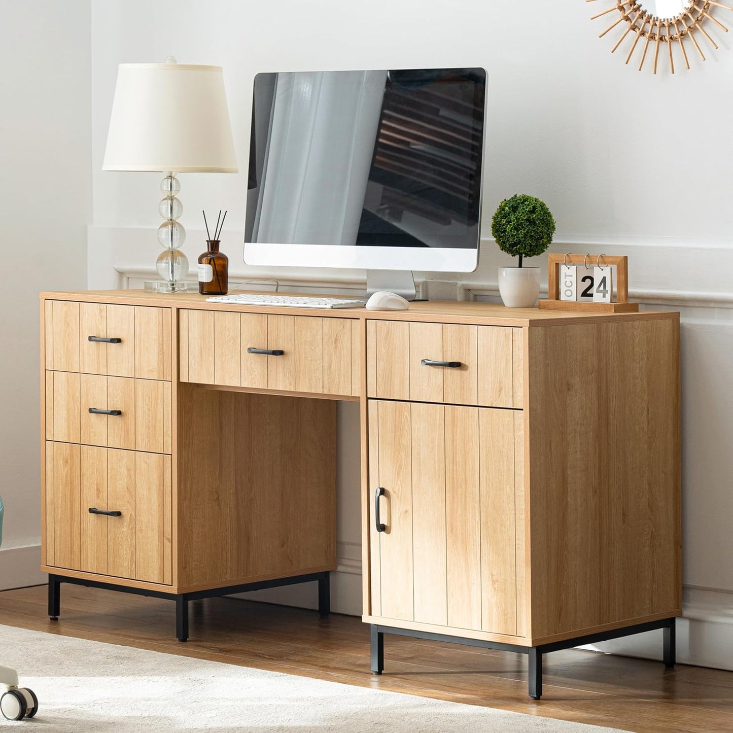 White Desk with Storage, 47 inch Farmhouse Style Desk with Drawers - 2 Drawers & File Drawer, Home Office Computer Desk with Storage Cabinet