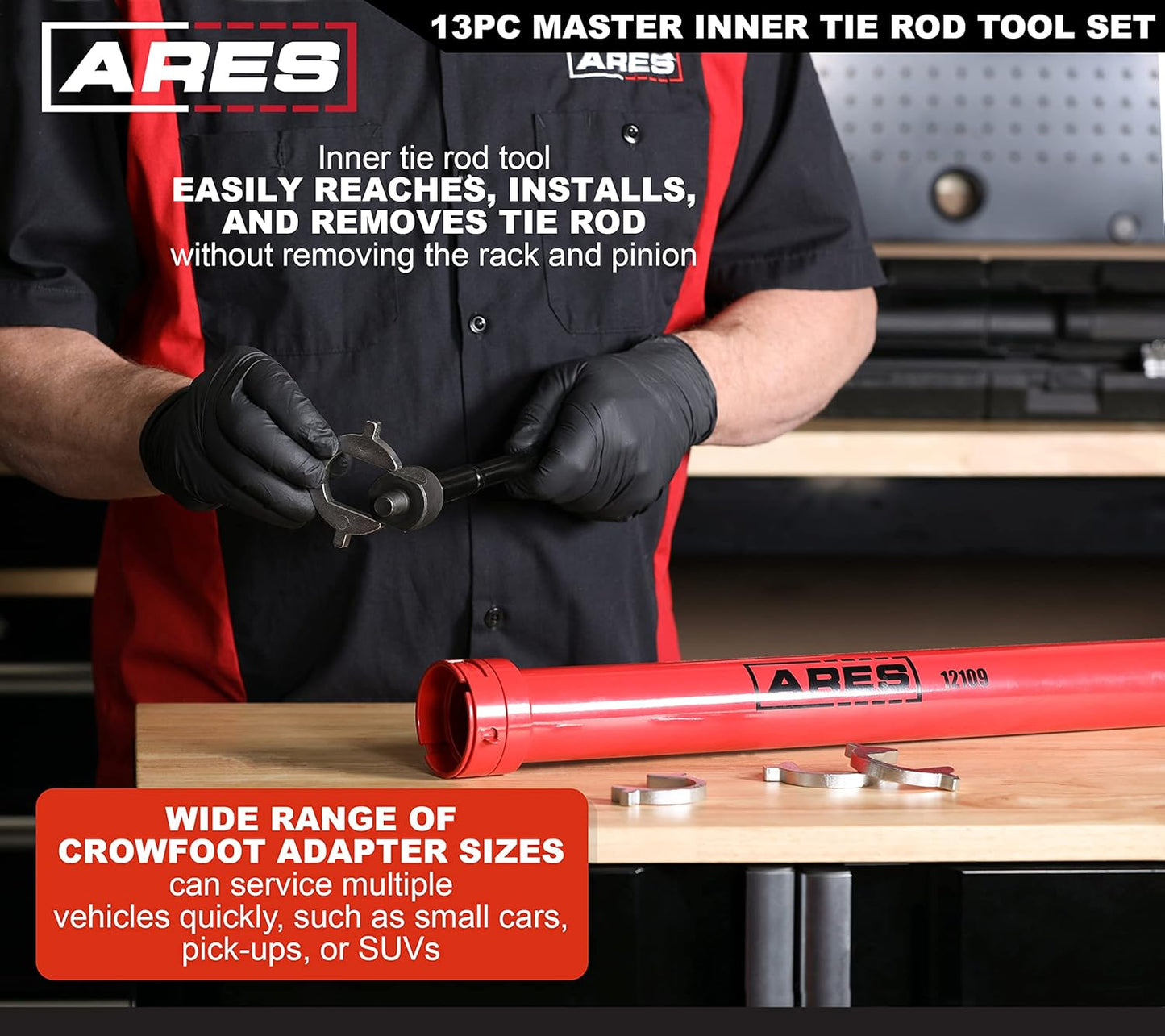 ARES 12109 – 13 Piece Master Inner Tie Rod Tool Set – Includes 12 Chrome Moly Crowfoot Wrench Adapters – Service Inner Tie Rods Without Removing Rack and Pinion – Includes Storage Case