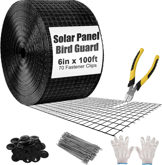 6in X 100ft Solar Panel Bird Guard - 1/2" Black PVC Mesh Galvanized Rust-Resistant Net, Critter Guard for Solar Panels with 70 Fastener Clips, Gloves, Cutting Pliers