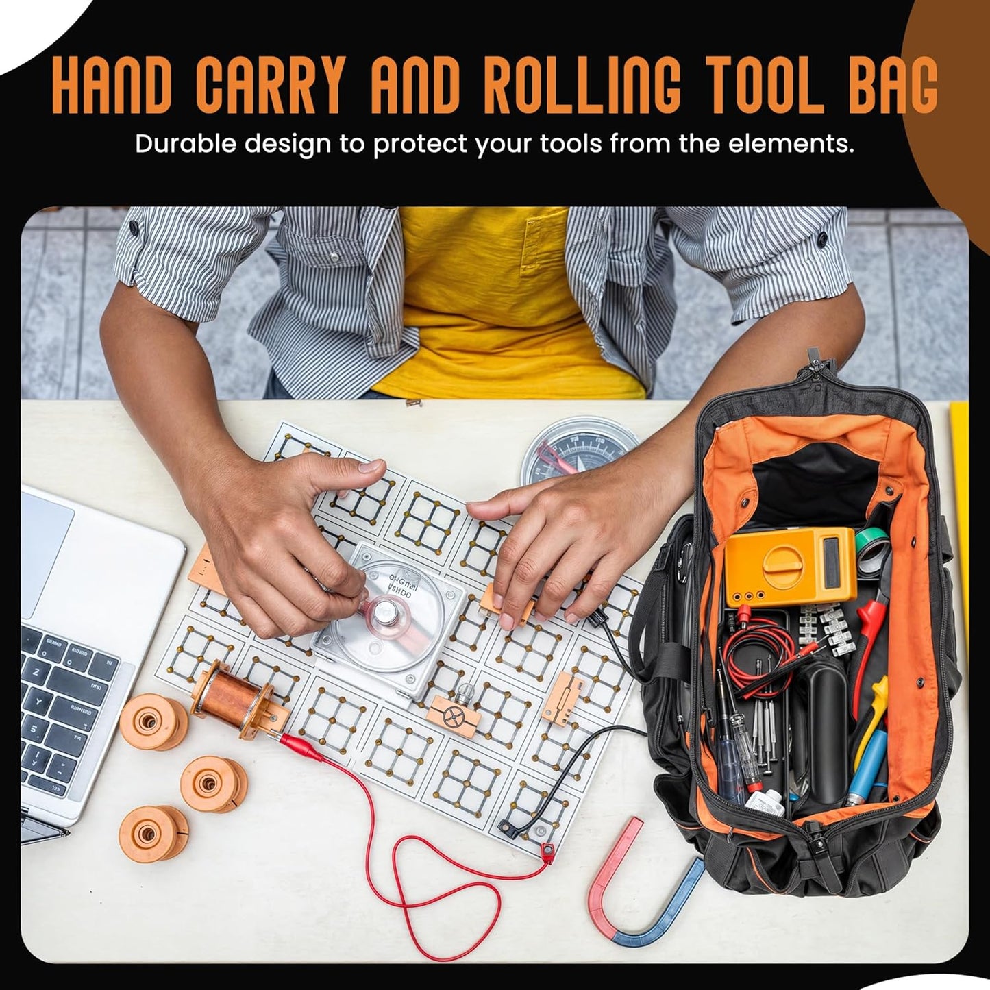 18" Rolling & Duffle Tool Bag - 2 Pack - Portable with Wheels - Water Resistant Fabric - 29 & 15 Pocket Roll Tool Bag for Mechanics, Electricians, Plumbers & Hvac