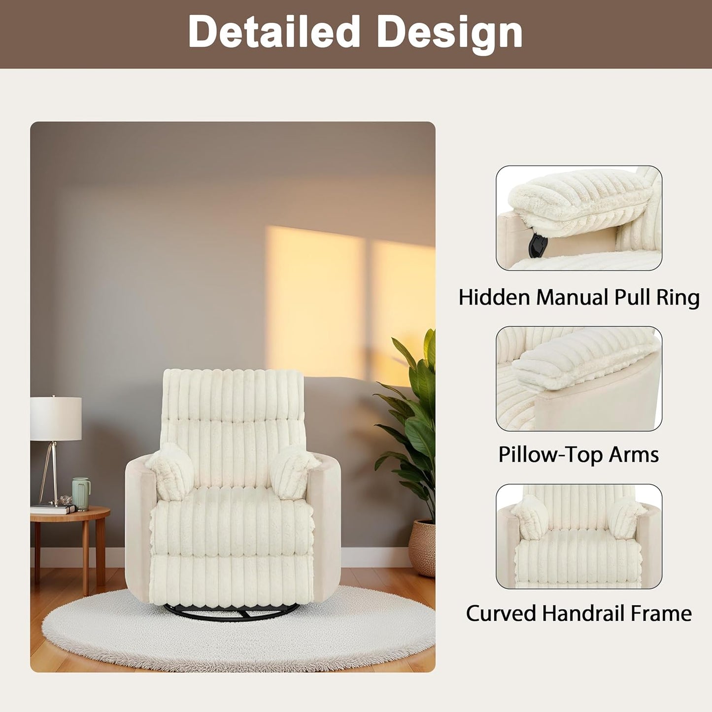 Swivel Recliner Chairs - Manual Recliner Chair with 360 Degree Rotation & Wide Wale Corduroy Design, Swivel Reclining Chair with Curved & Pillow-Top Arms, Corduroy Wide Recliner for Office (White)
