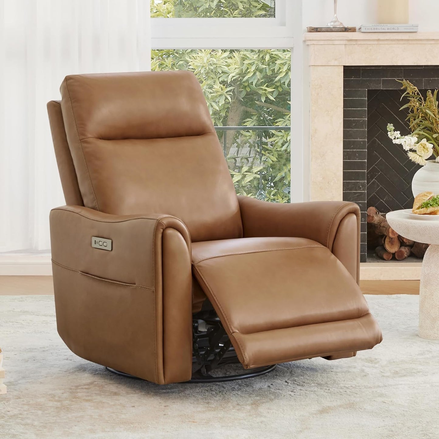 Watson & Whitely Power Swivel Rocker Recliner, Reclining Chair with Memory Foam for Living Room, Faux Leather RC011 (Camel)