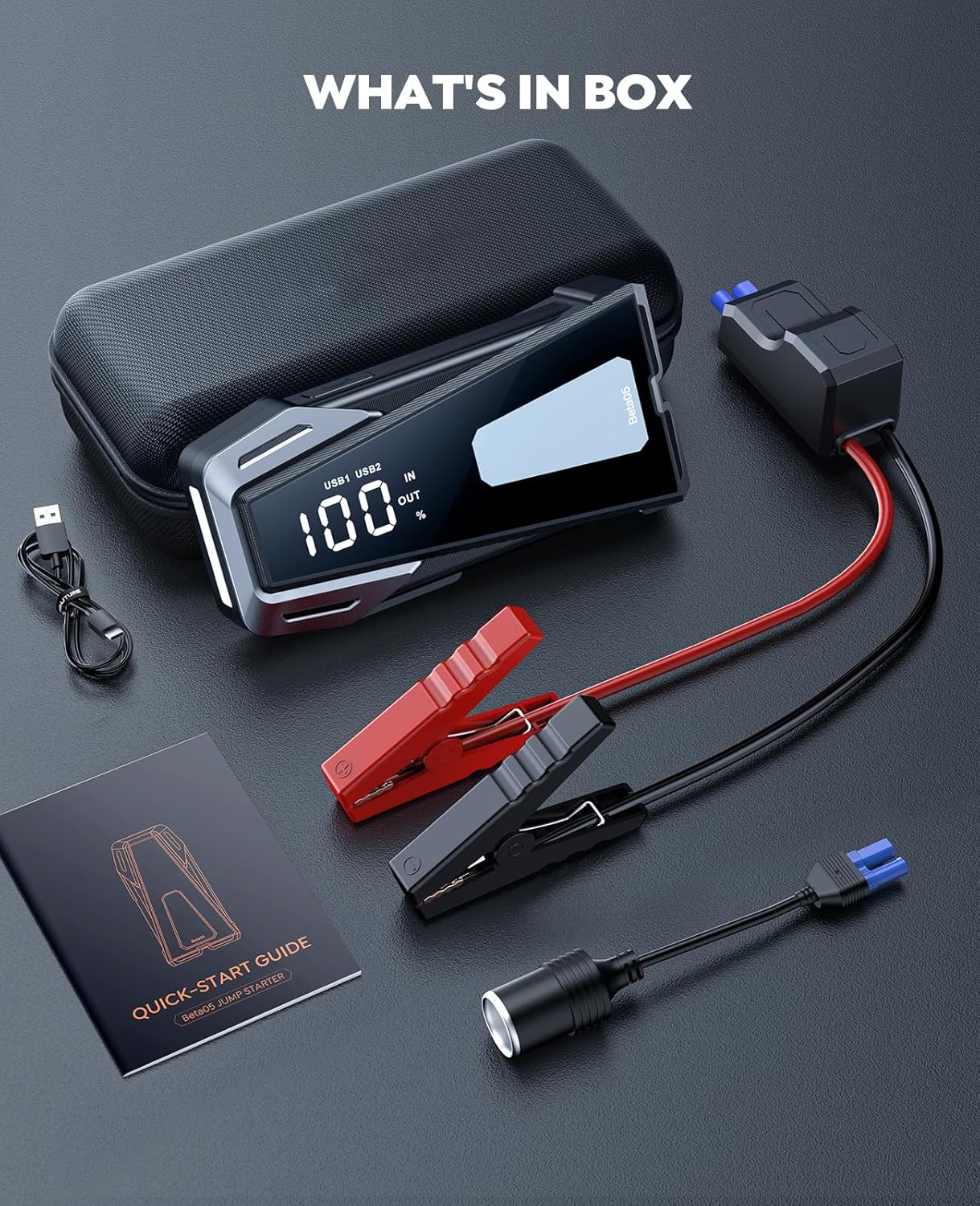 Car Battery Jump Starter 5000A 12V Safe Jump Box, Battery Jumper Starter Portable (All Gas/10.0L Diesel), Car Jump Starter Battery Pack with Extended Jumper Cables, Fast Charge, Lights