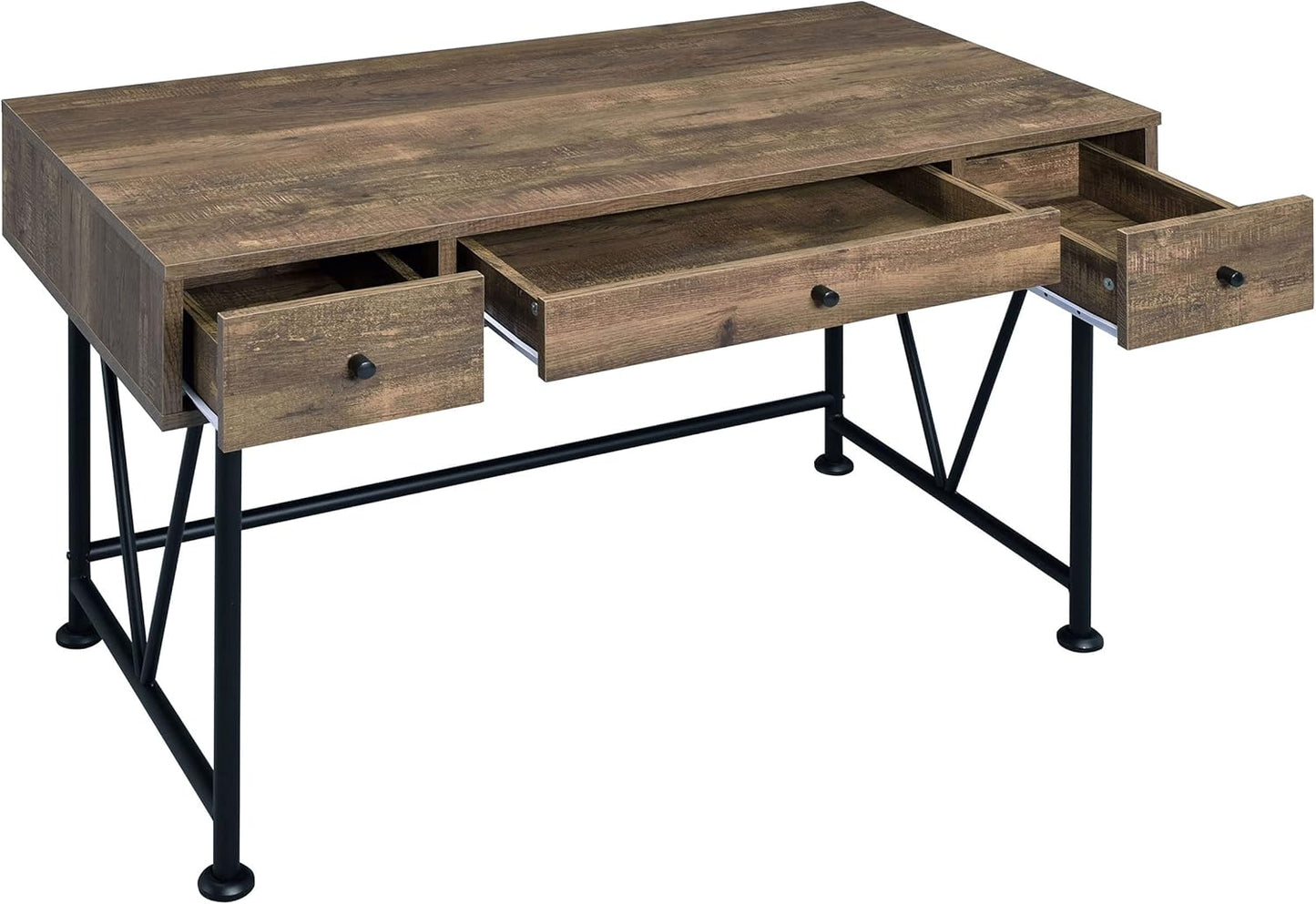 Coaster Furniture Analiese Farmhouse 3 Drawer Home Office Writing Desk Black Metal Base Rustic Oak Brown 802541