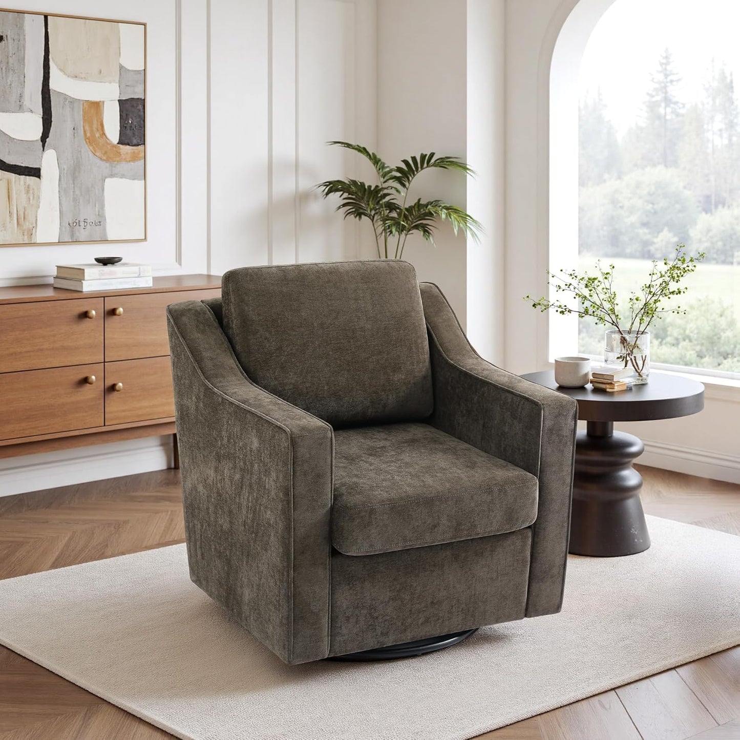 UIXE Swivel Accent Chair Set of 2, Chenille Upholstered Arm Chair for Living Room, Modern Club Armchair Comfy Single Sofa Bedroom Reading Seat with Lumbar Pillow - Coffee
