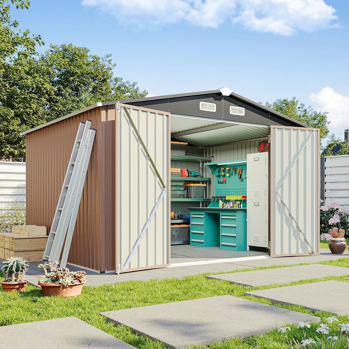 8'x4' Shed Galvanized Steel Storage Sheds with Triple Doors Utility Sheds for Vertical Storage, Dual Lock Lean to Shed with Sloped Roof for Mower, Bike, Garden Tools (Black)