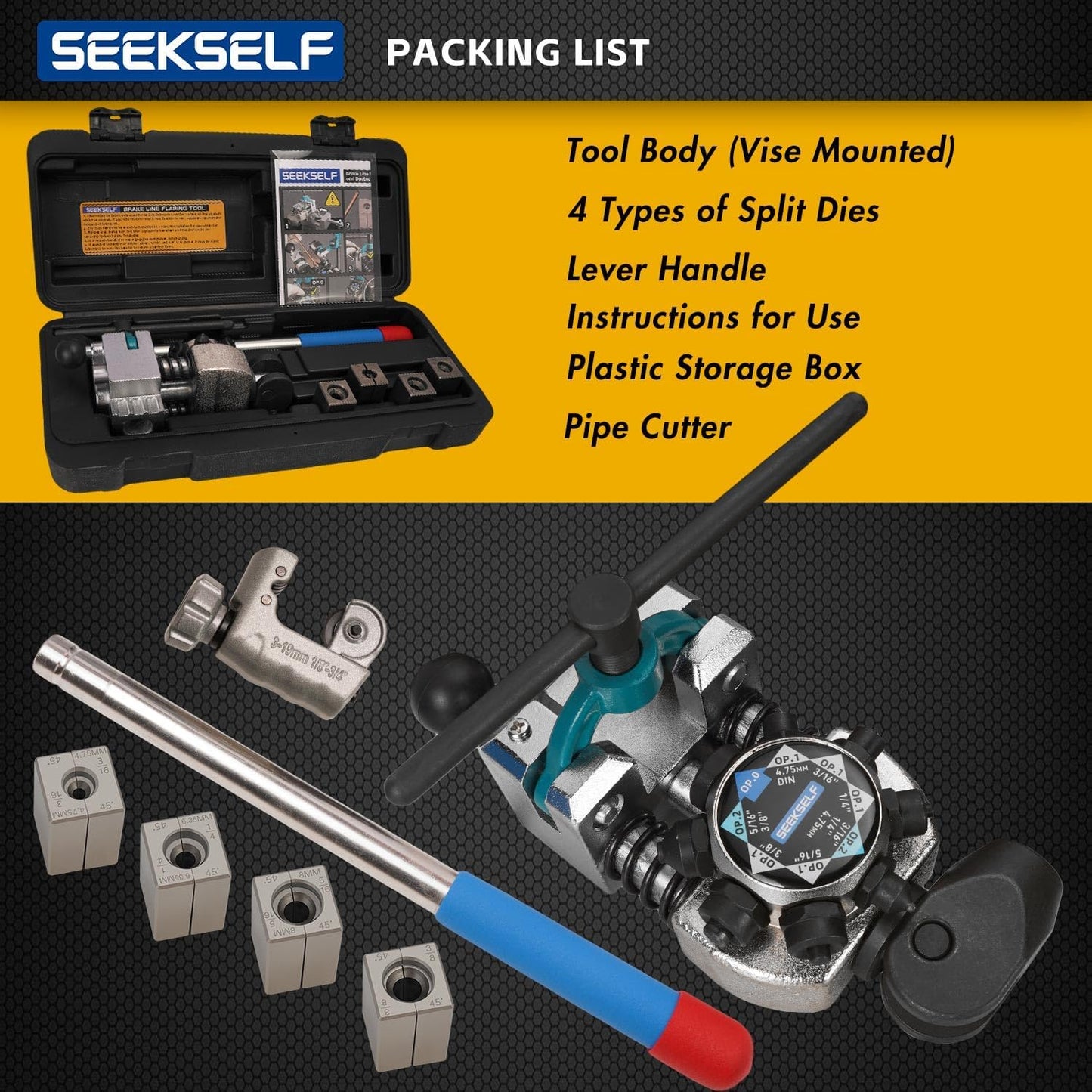 Brake Line Flaring Tool Kit for 45 Degree Single, Double and Bubble Flares, 3/16", 1/4", 5/16", 3/8" and 4.75mm Steel Copper Metal Tubing, with Tubing Cutter, Black