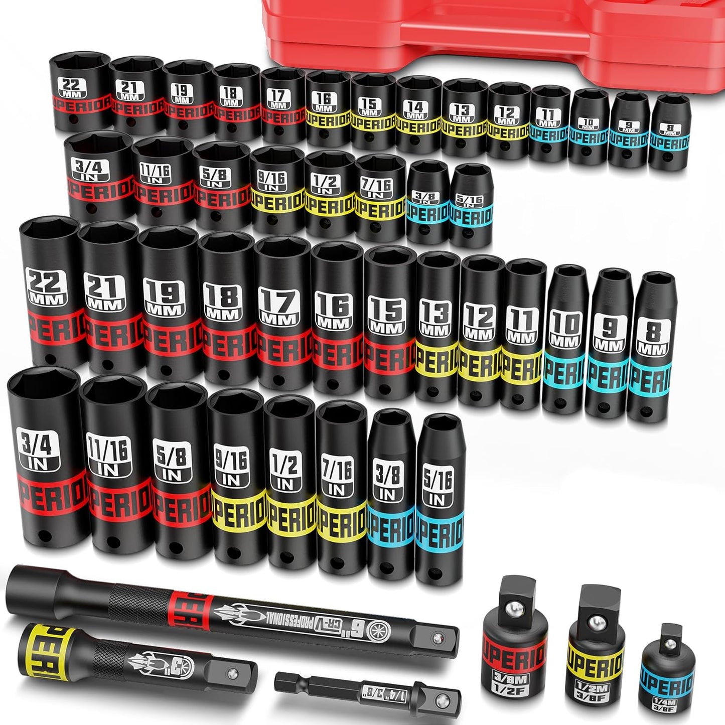 9 Piece 1" Drive Deep Impact Socket Set, 1 Inch - 2 Inch, SAE, 6-Point Design, Heavy Duty CR-MO, Truck Tire Service, Mechanical Equipment Maintance