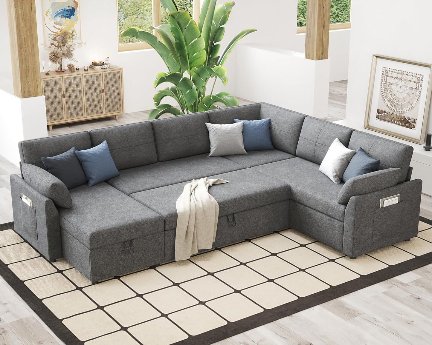 VanAcc Sofa Bed, Sleeper Sofa- 2 in 1 Pull Out Couch Bed with Storage Chaise for Living Room, White Sherpa 84in x 59in x 39in