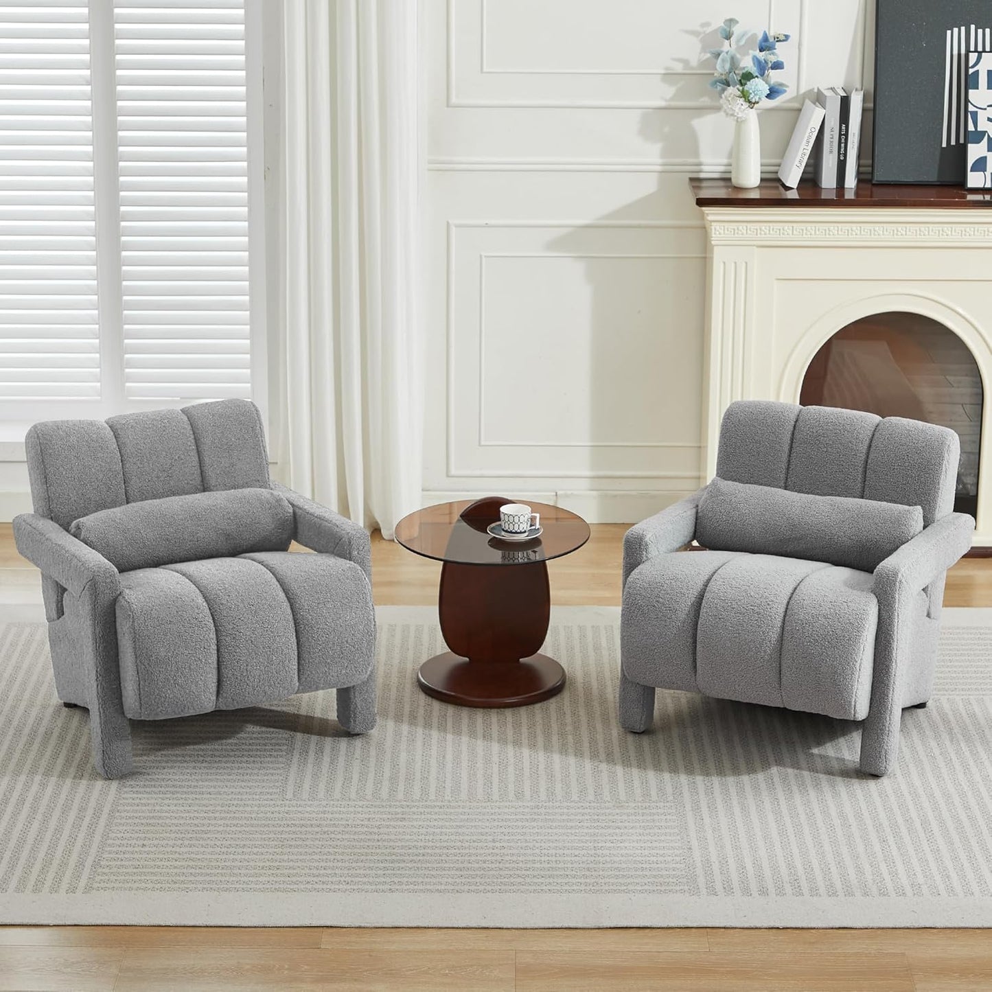 LOULENS Sherpa Accent Chair Set of 2 for Living Room, Modern Upholstered Armchair with Thick Cushion and Pillow, Comfy Lounge Chair for Bedroom, Apartment, Waiting Room,Beige