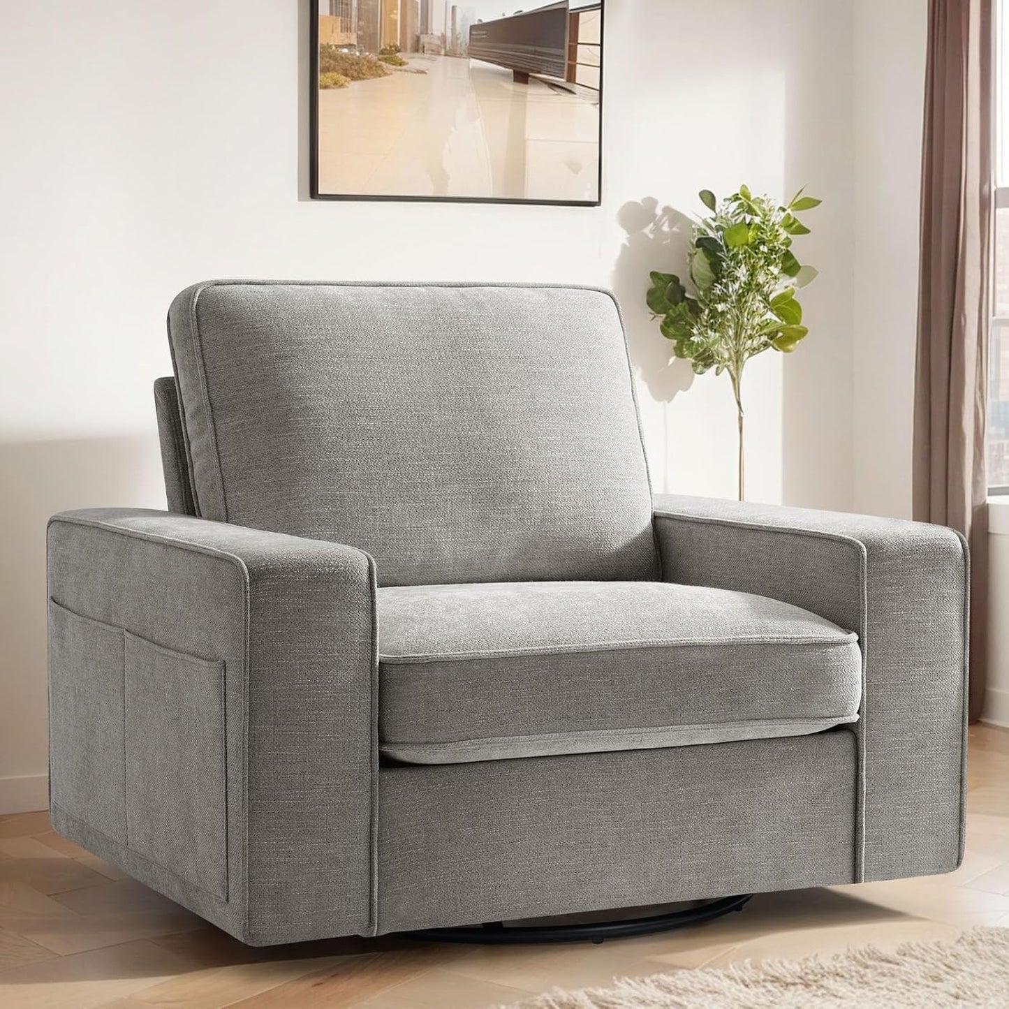 COHOME 360-Degree Swivel Accent Chair, Modern Oversized Club Arm Chair with Side Pockets, Classic Style Single Sofa Chair for Living Room, Bedroom (Beige)