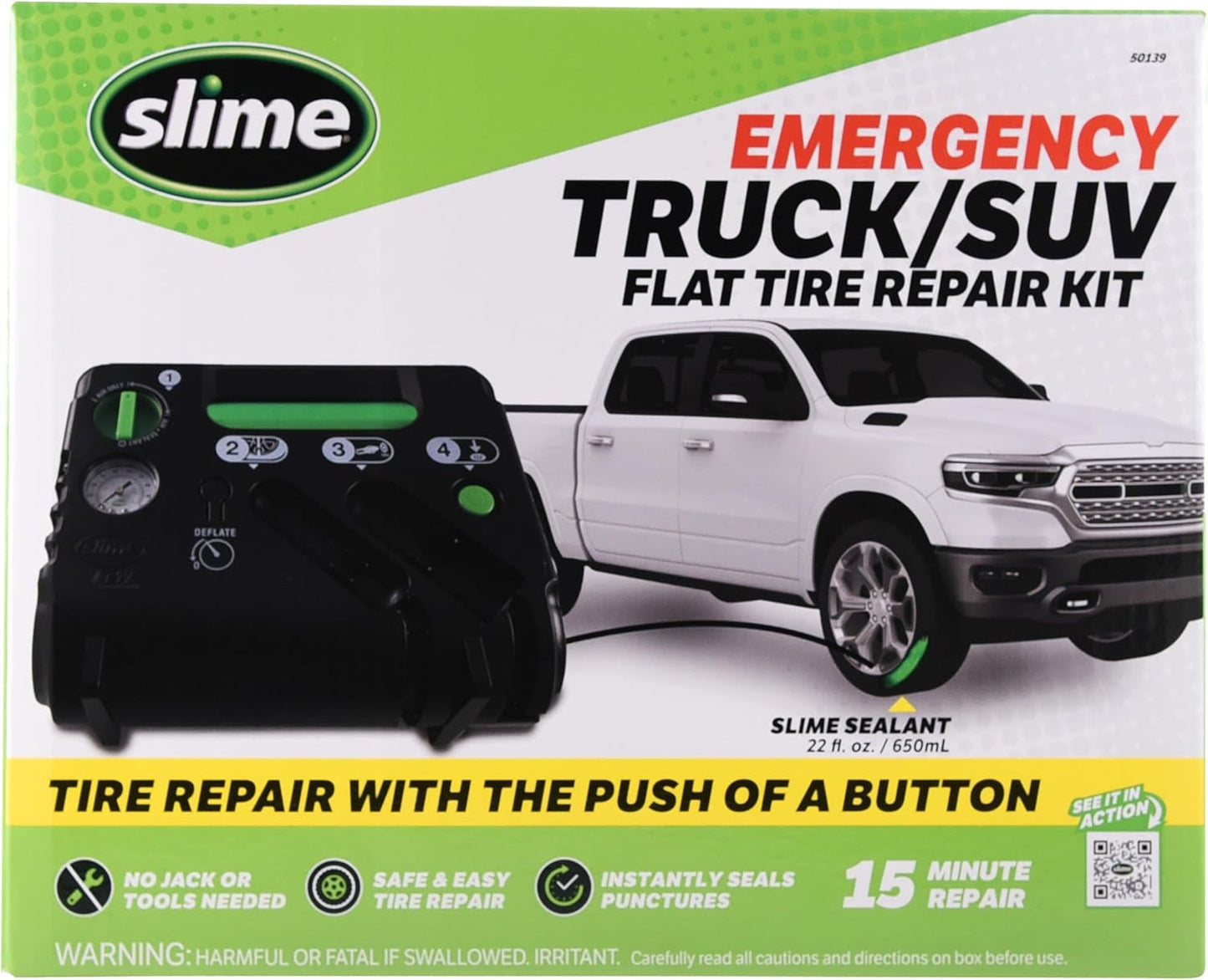 Slime 50122 Flat Tire Puncture Emergency Kit, Includes Sealant and Tire Inflator Pump, Analog, Suitable for Cars and Other Highway Vehicles, 10 Min Fix