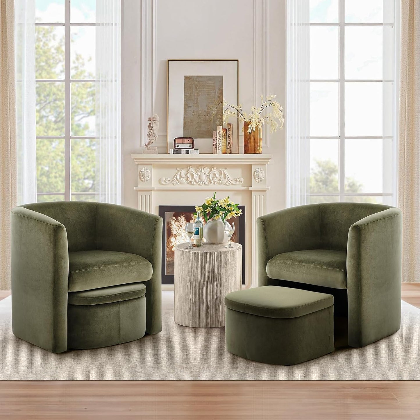 COLAMY Upholstered Velvet Barrel Accent Chair with Storage Ottoman Set of 2, Morden Living Room Side Chair, Single Sofa Armchair with Lounge Seat for Bedroom/Office/Reading Spaces, Green