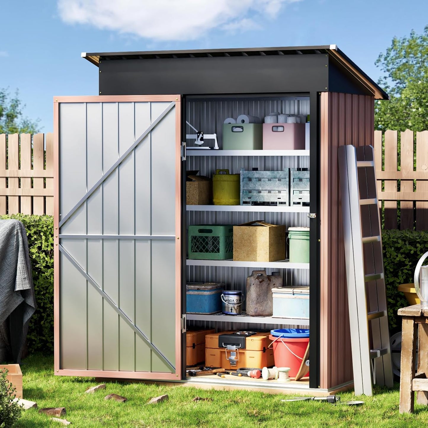 6X4FT Garden Storage Shed with Frame Floor & Lockable Door,Steel Tool Shed with 1 Clear Window, Anti-Corrosion Metal Shed for Backyard Patio Lawn (Light Wood Grain)