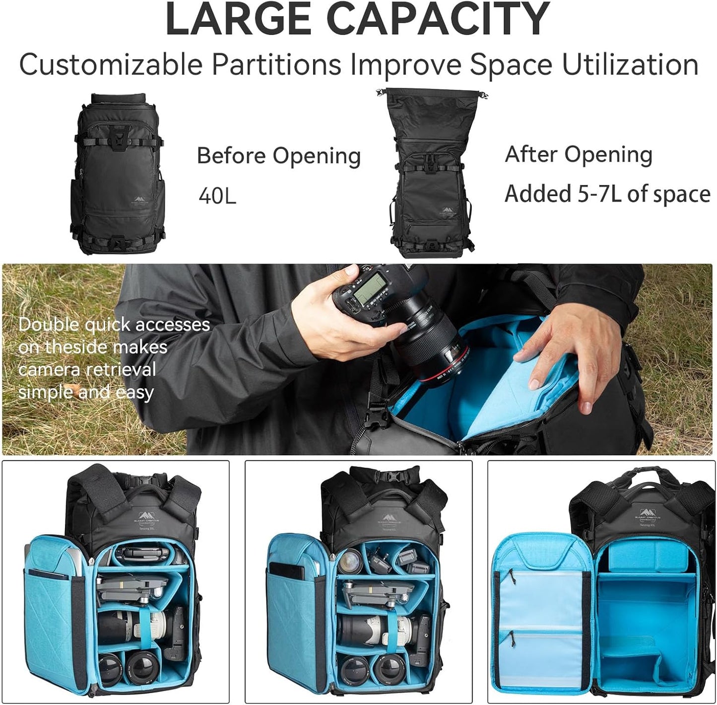 Tenzing 40 liter Water Resistant Camera Backpack 16 inch Laptop Compartment with Rain Cover Fits DSLR, SLR, Drone, Mirrorless Cameras, Batteries, Lenses,Tripod Black
