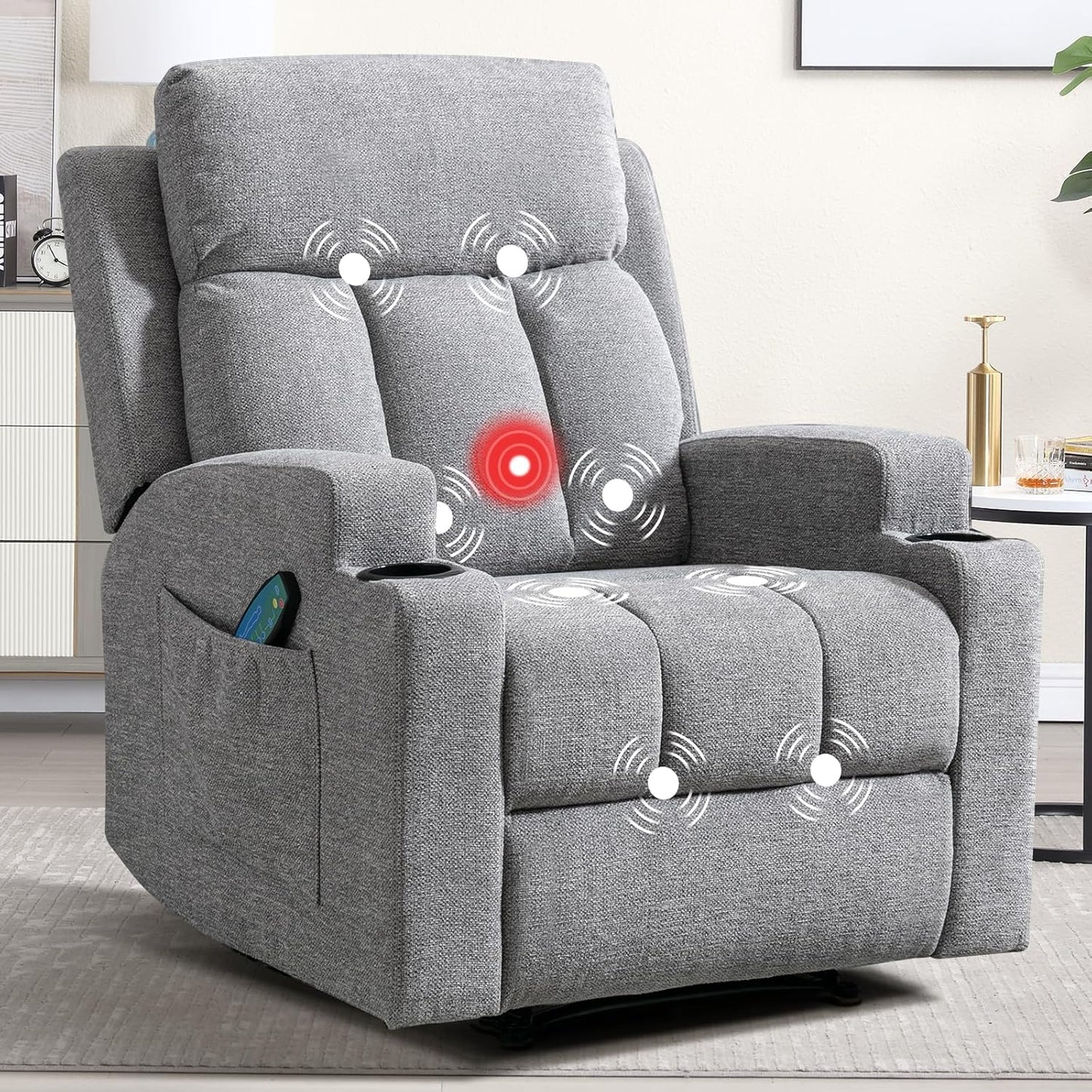 CANMOV Manual Recliner Chair with Massage and Heat,Soft Fabric Recliner Chair with Overstuffed Armrest and Backrest, Manual Reclining Single Sofa with 2 Cup Holders, Side Pocket for Living Room,Grey