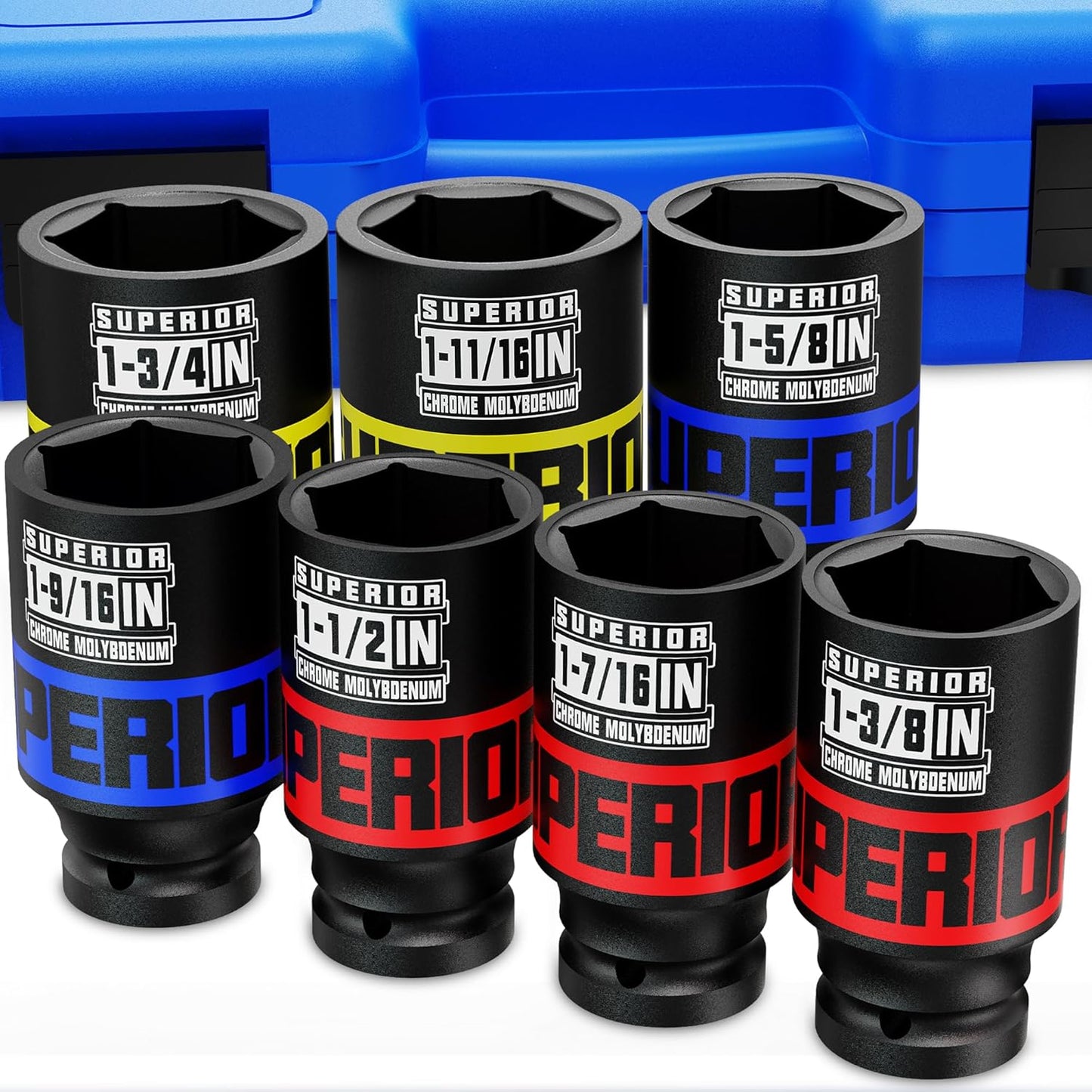 9 Piece 1" Drive Deep Impact Socket Set, 1 Inch - 2 Inch, SAE, 6-Point Design, Heavy Duty CR-MO, Truck Tire Service, Mechanical Equipment Maintance