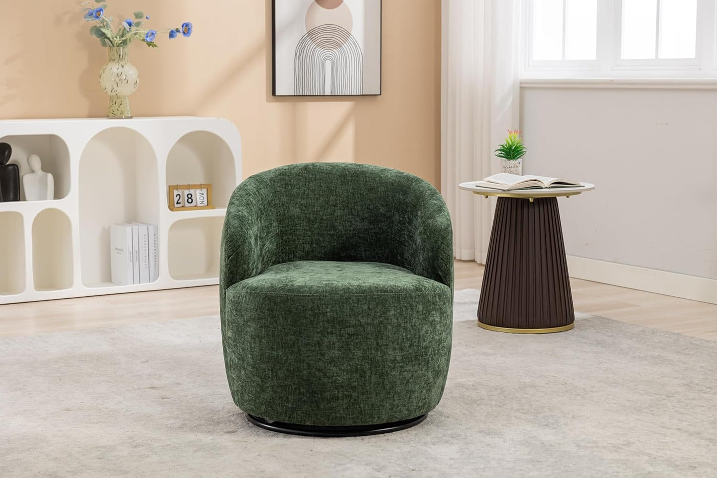 360 Degree Swivel Accent Chairs Living Room Chair, Chenille Fabric Lounge Chair Comfy Armchair Barrel Chair with Wide Upholstered for Bedroom, Reading Room, Office, Waiting Rooms, Green