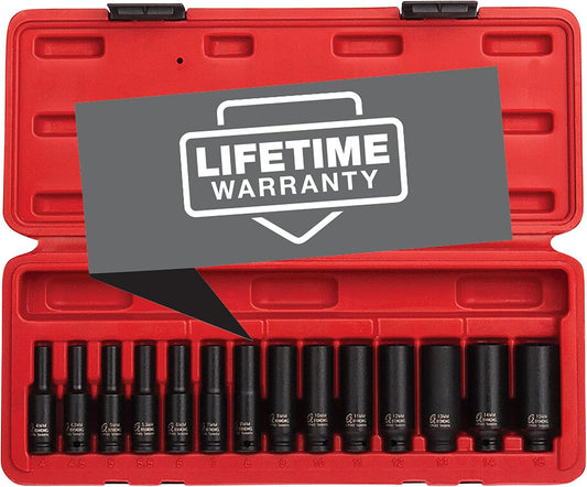 SUNEX TOOLS 1831, 1/4 Inch Drive Deep Magnetic Impact Socket Set, 14-Piece, Metric, 4mm - 15mm, Cr-Mo Alloy Steel, Heavy Duty Storage Case, Meets ANSI Standards